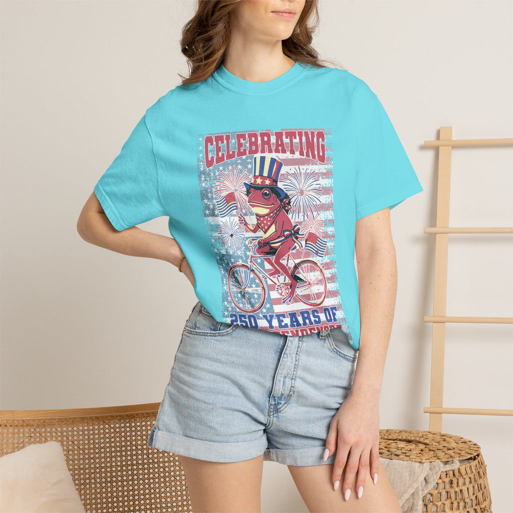 Textured Independence Day Dog on Bike T-Shirt — "Celebrating 250 Years of Independence" Patriotic Tee