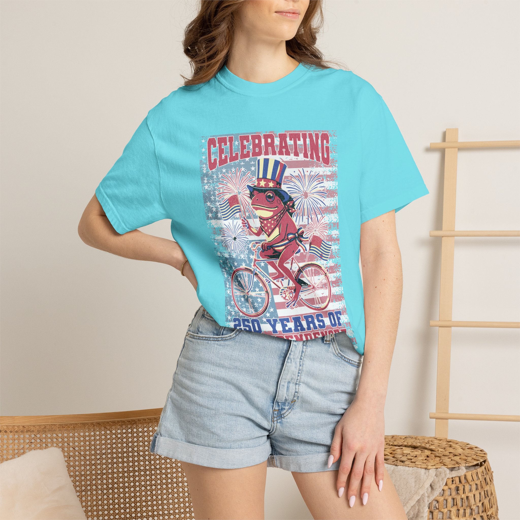 Textured Independence Day Dog on Bike T-Shirt — "Celebrating 250 Years of Independence" Patriotic Tee