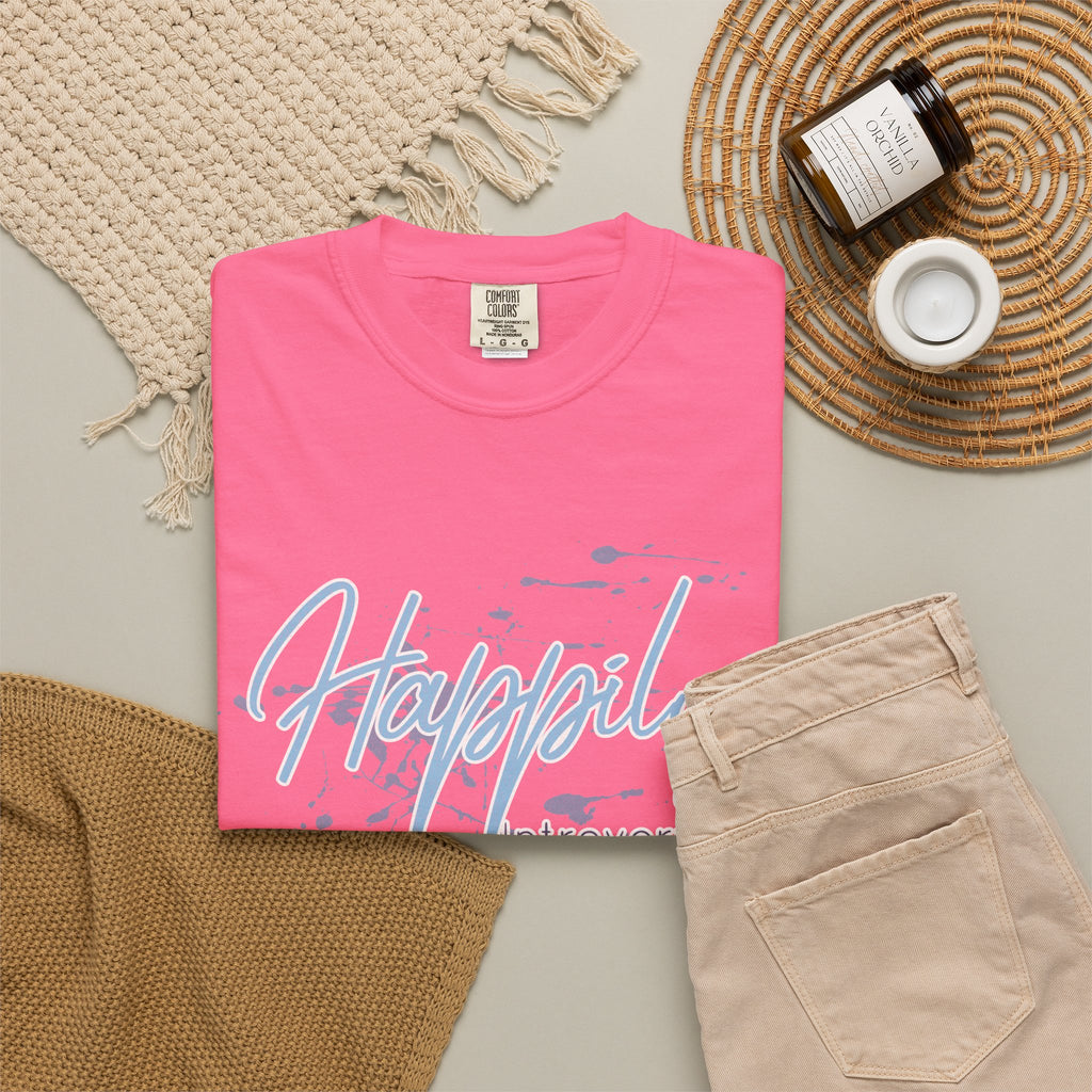 Introverted Aesthetic Textured Tee — "Happily" Script Graphic T-Shirt