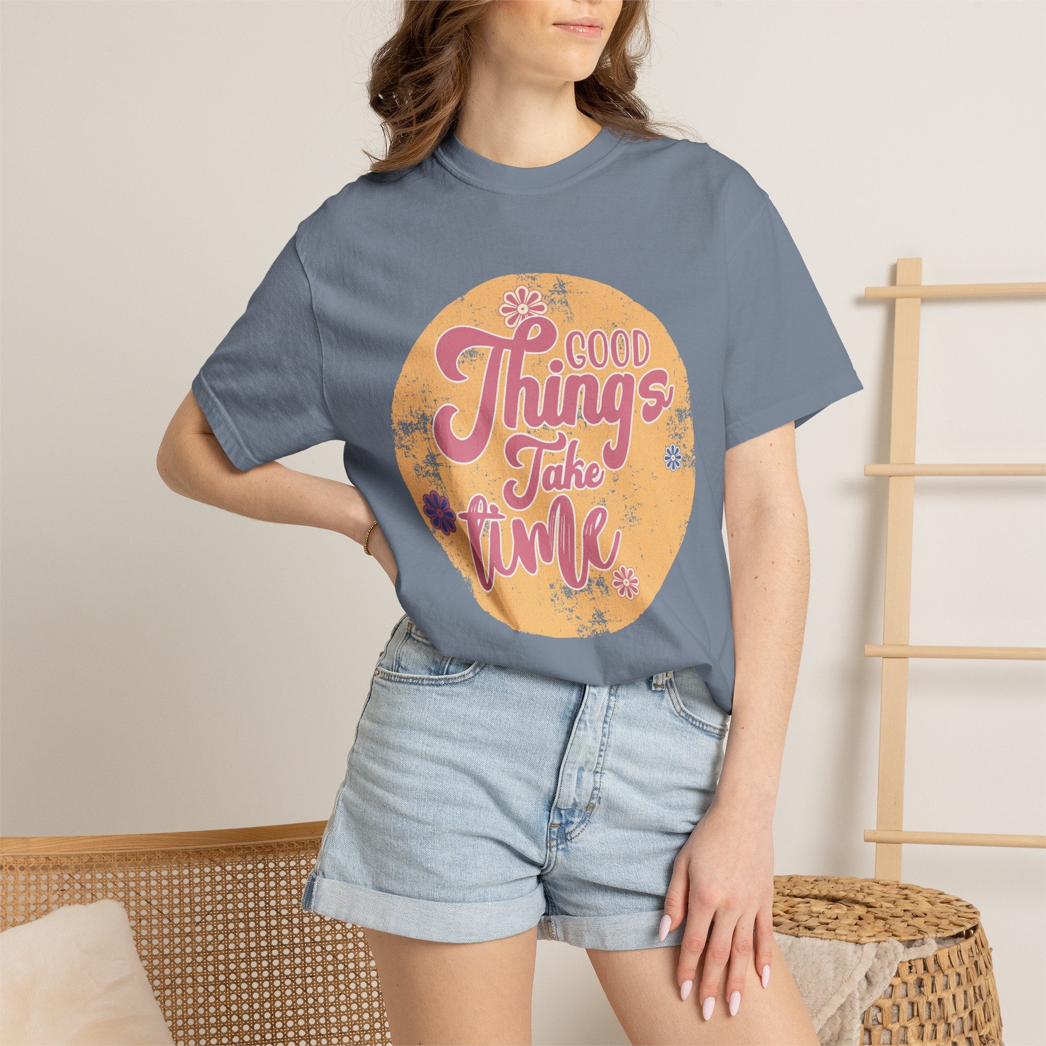Good Things Take Time T-Shirt | Textured Retro Script Floral Graphic