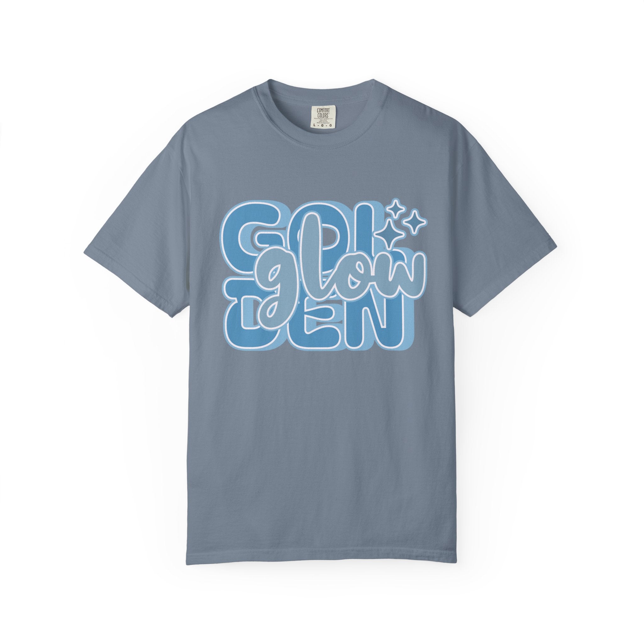 Golden Glow Textured  T‑Shirt — Retro Blue Script Graphic Tee