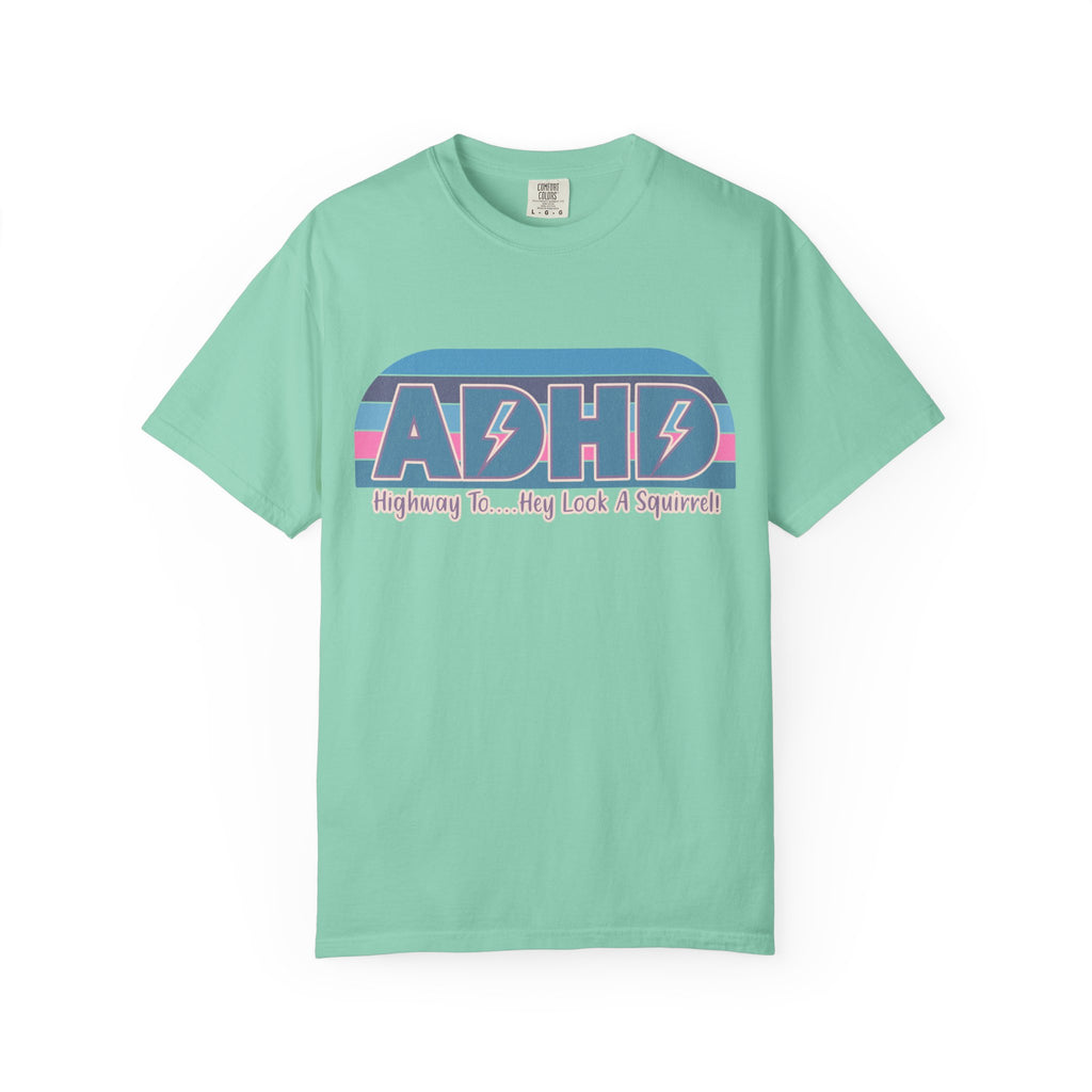 ADHD Retro Stripe T-Shirt — “Highway To… Hey Look A Squirrel!” Funny Neurodivergent Tee