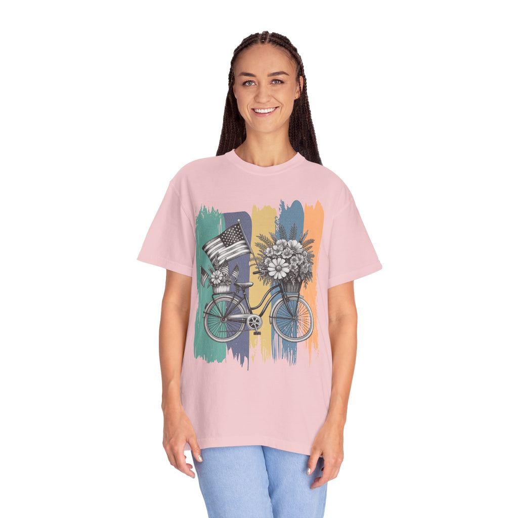 Textured Vintage Bicycle Bouquet T-Shirt — Americana Floral Bike Tee