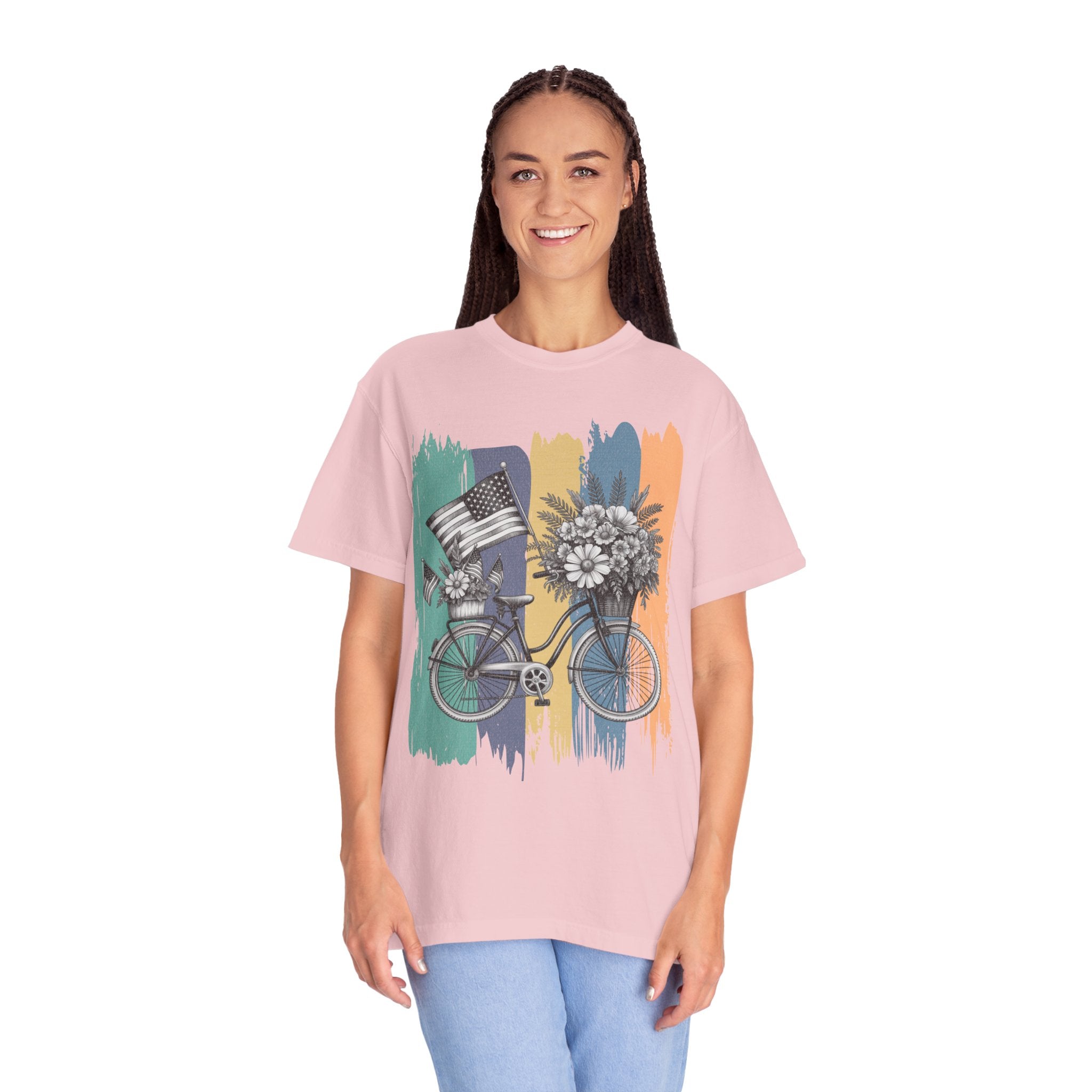 Textured Vintage Bicycle Bouquet T-Shirt — Americana Floral Bike Tee