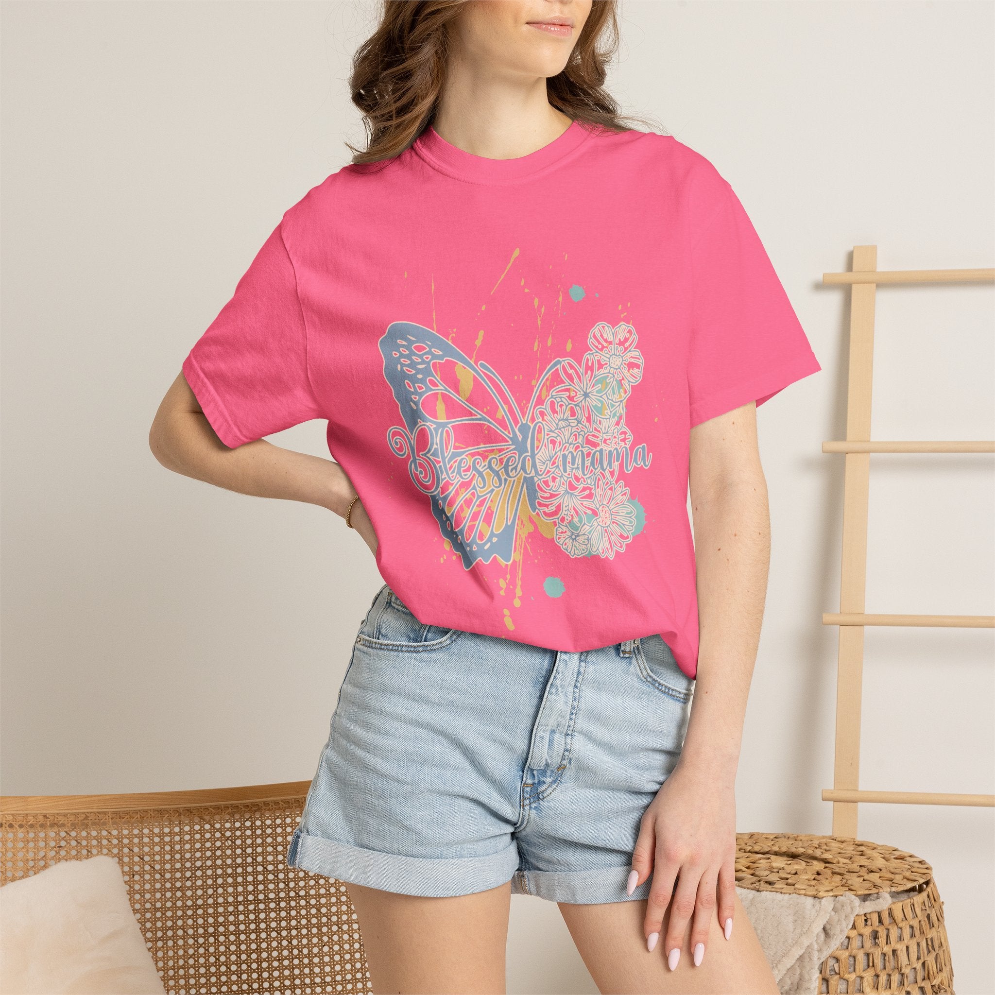 Retro Butterfly Blessed Mama Tee —Textured Serene Aqua Nature Graphic