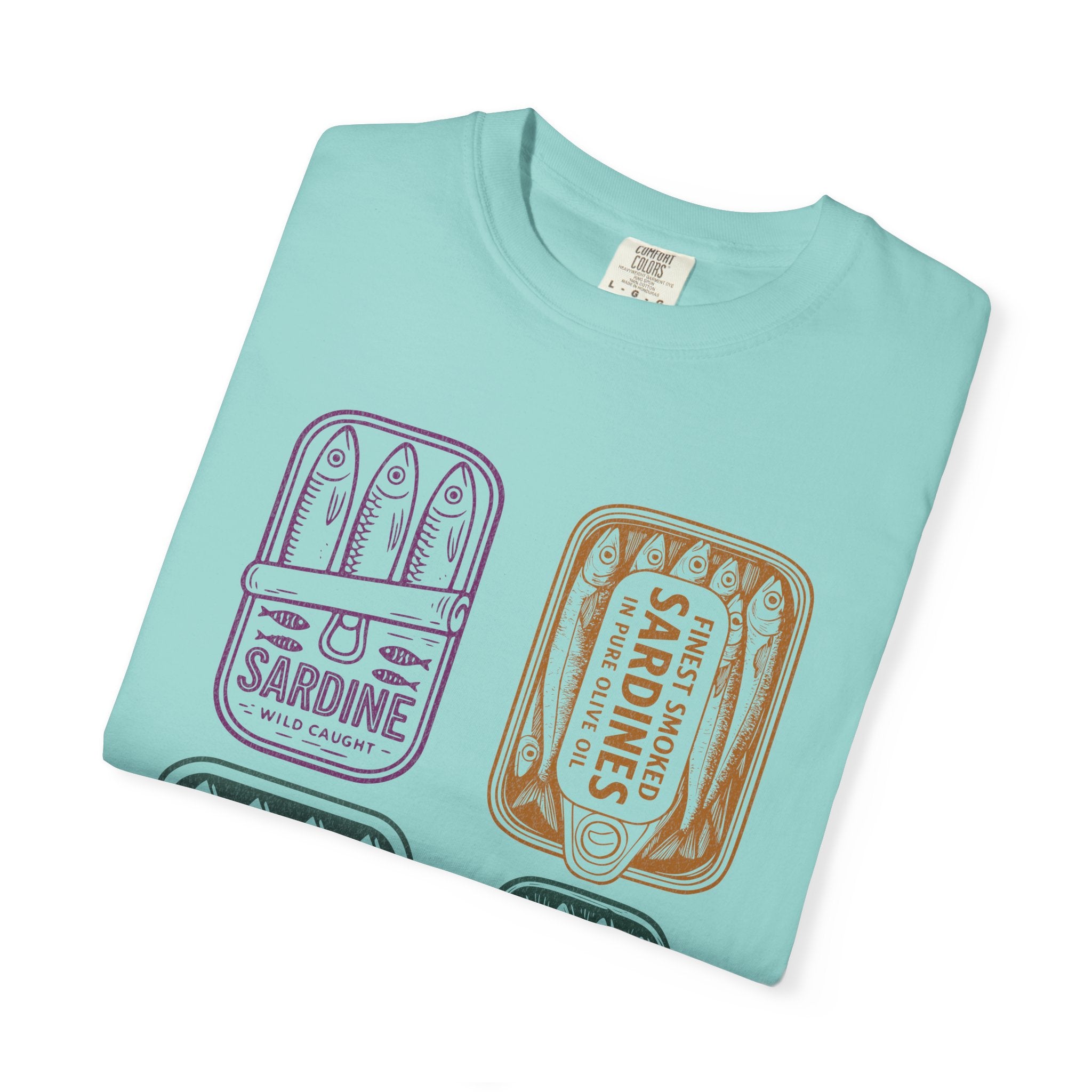 Sardine Tin Graphic Textured T-Shirt — Vintage Seafood Illustration Tee