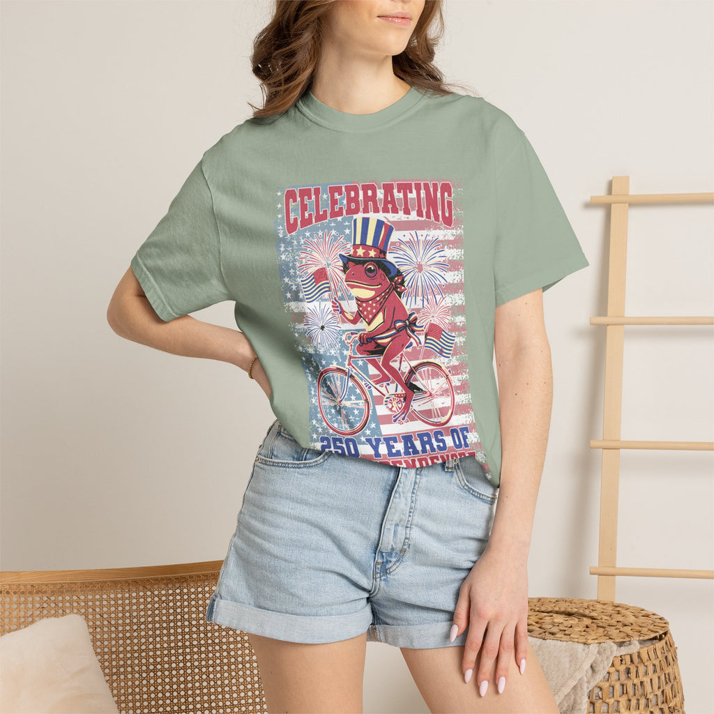 Textured Independence Day Dog on Bike T-Shirt — "Celebrating 250 Years of Independence" Patriotic Tee
