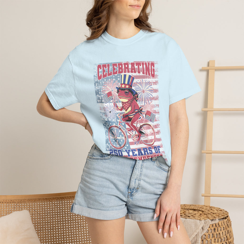 Textured Independence Day Dog on Bike T-Shirt — "Celebrating 250 Years of Independence" Patriotic Tee