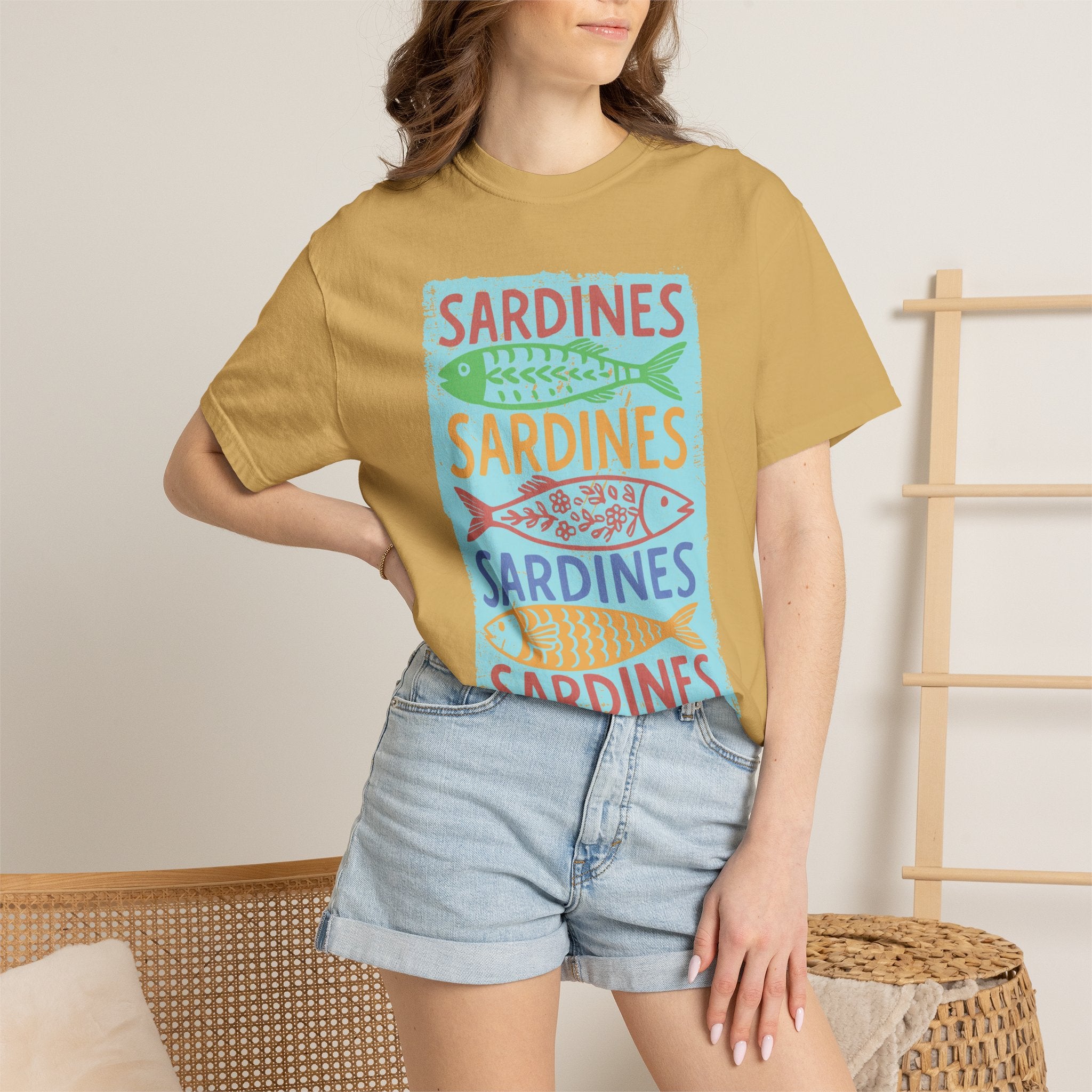 Sardines Colorblock Graphic Textured T-Shirt — Retro Coastal Fish Tee