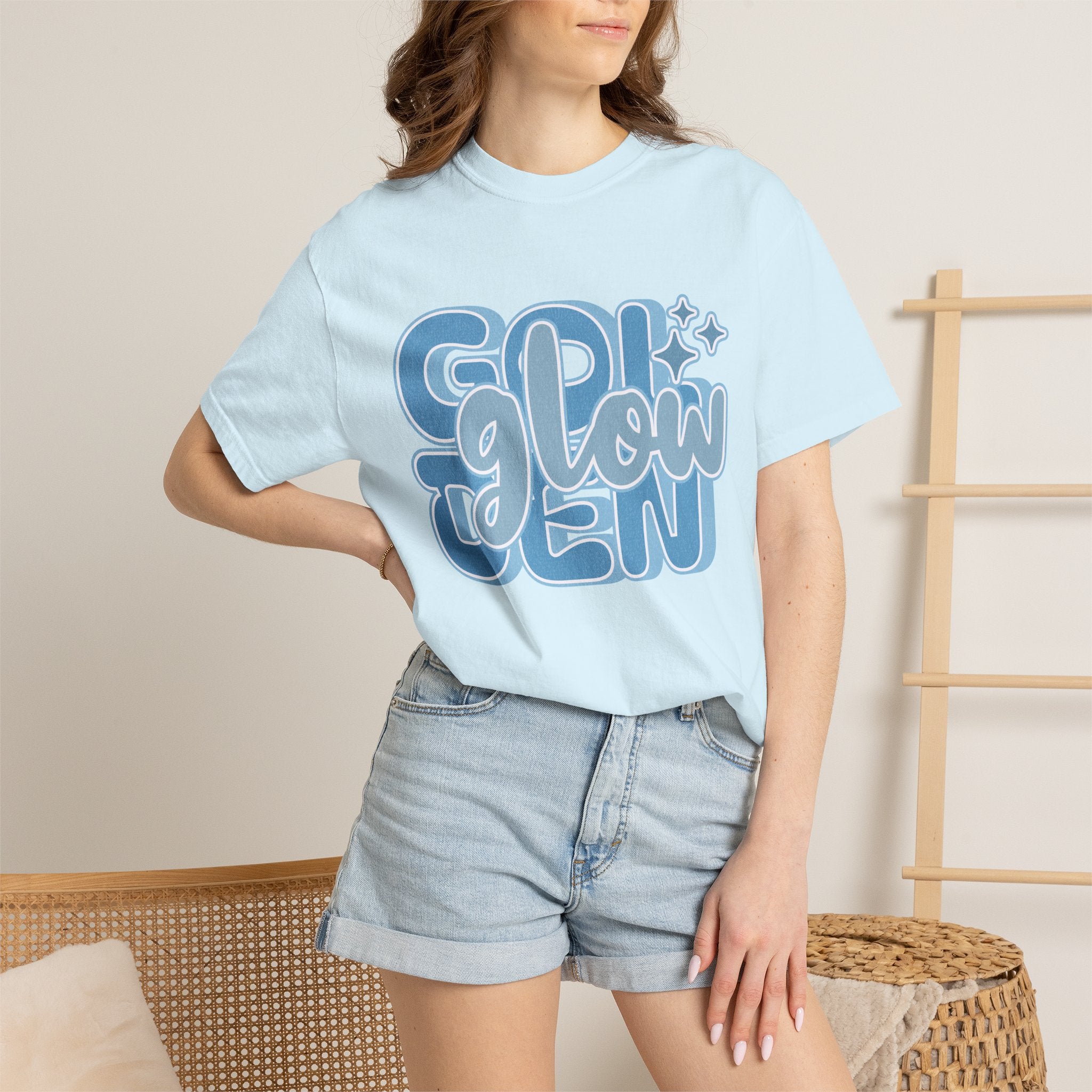 Golden Glow Textured  T‑Shirt — Retro Blue Script Graphic Tee