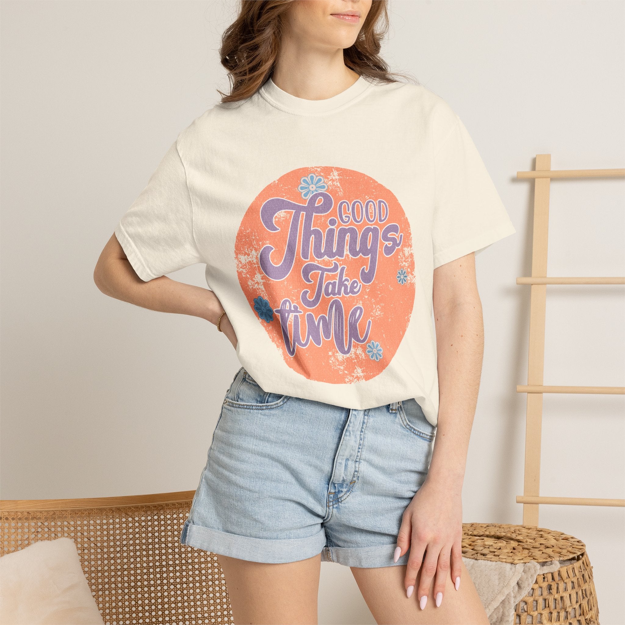 Good Things Take Time T-shirt | Textured Retro Script Circle Design