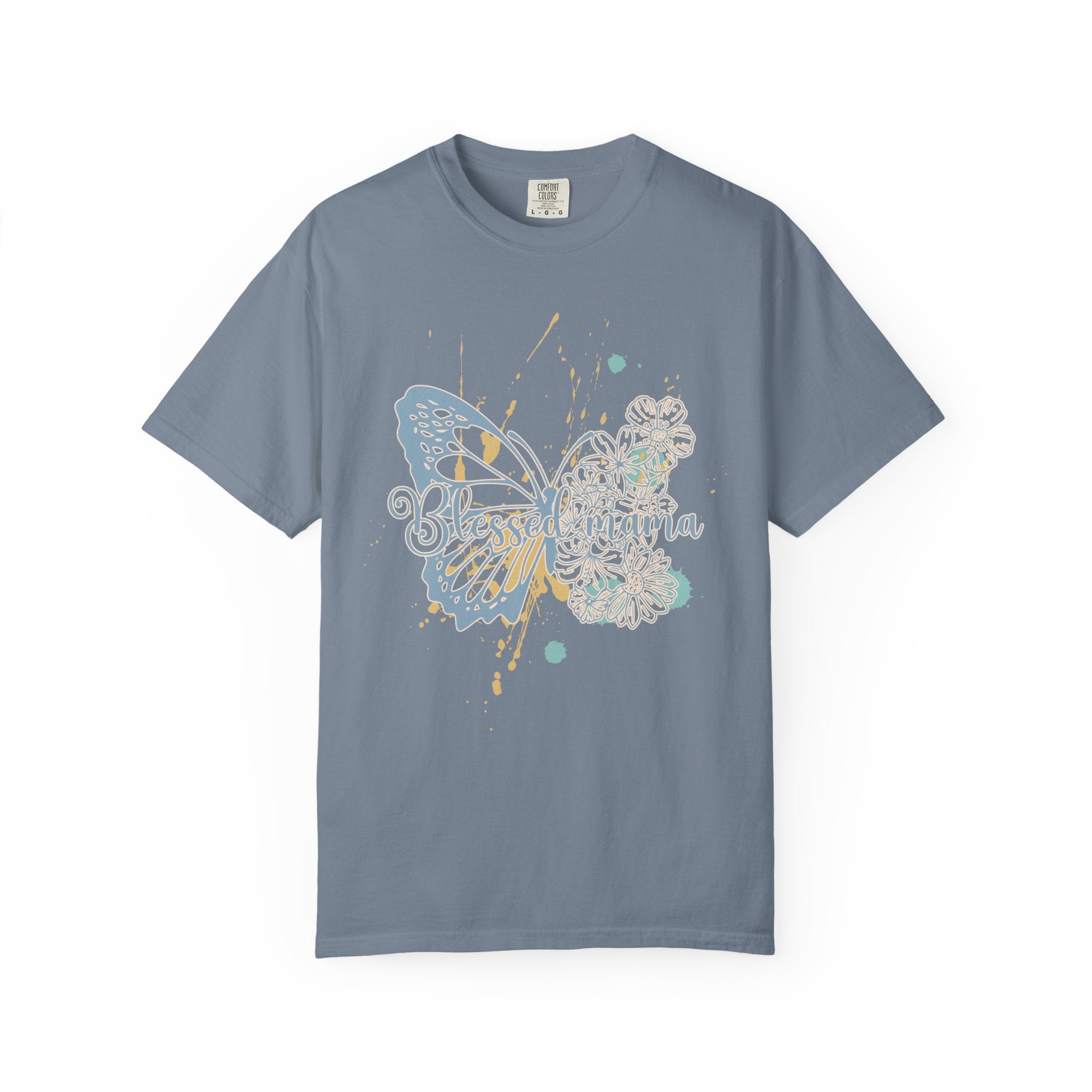 Retro Butterfly Blessed Mama Tee —Textured Serene Aqua Nature Graphic