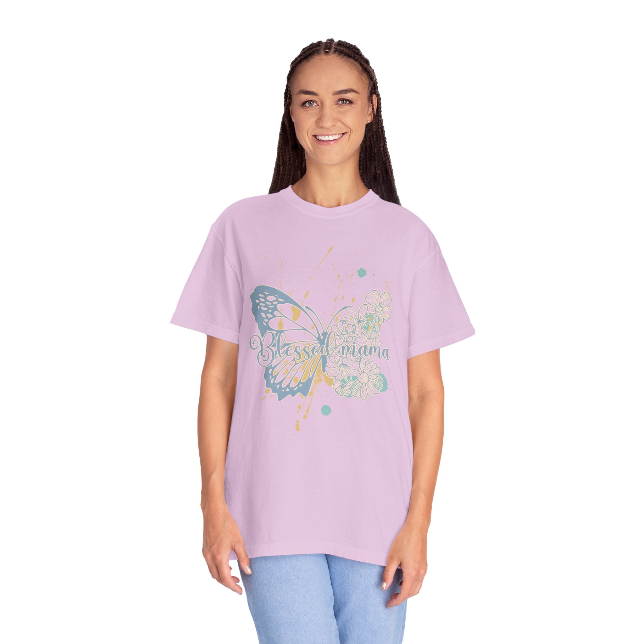 Retro Butterfly Blessed Mama Tee —Textured Serene Aqua Nature Graphic