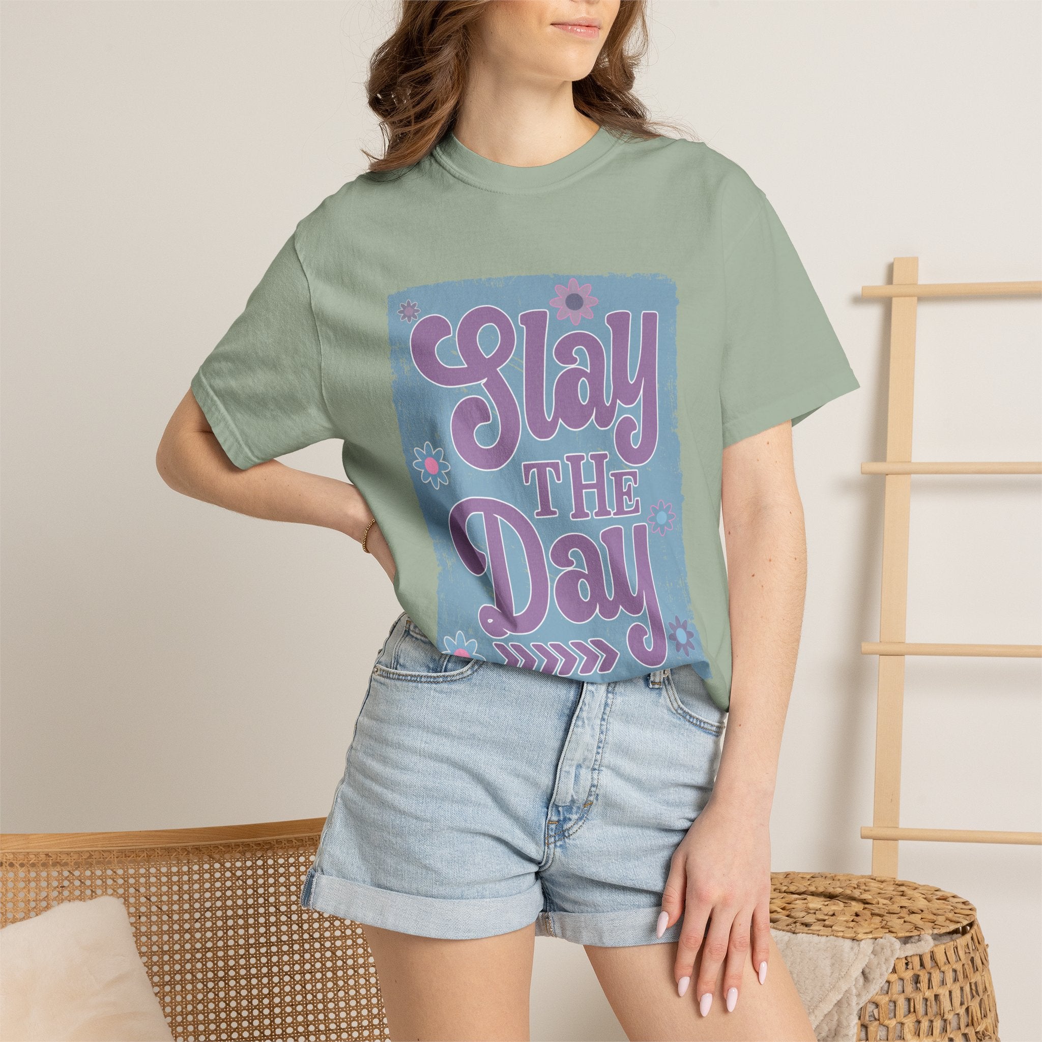 Textured Slay the Day Graphic T-Shirt — Retro Pastel Motivation Tee