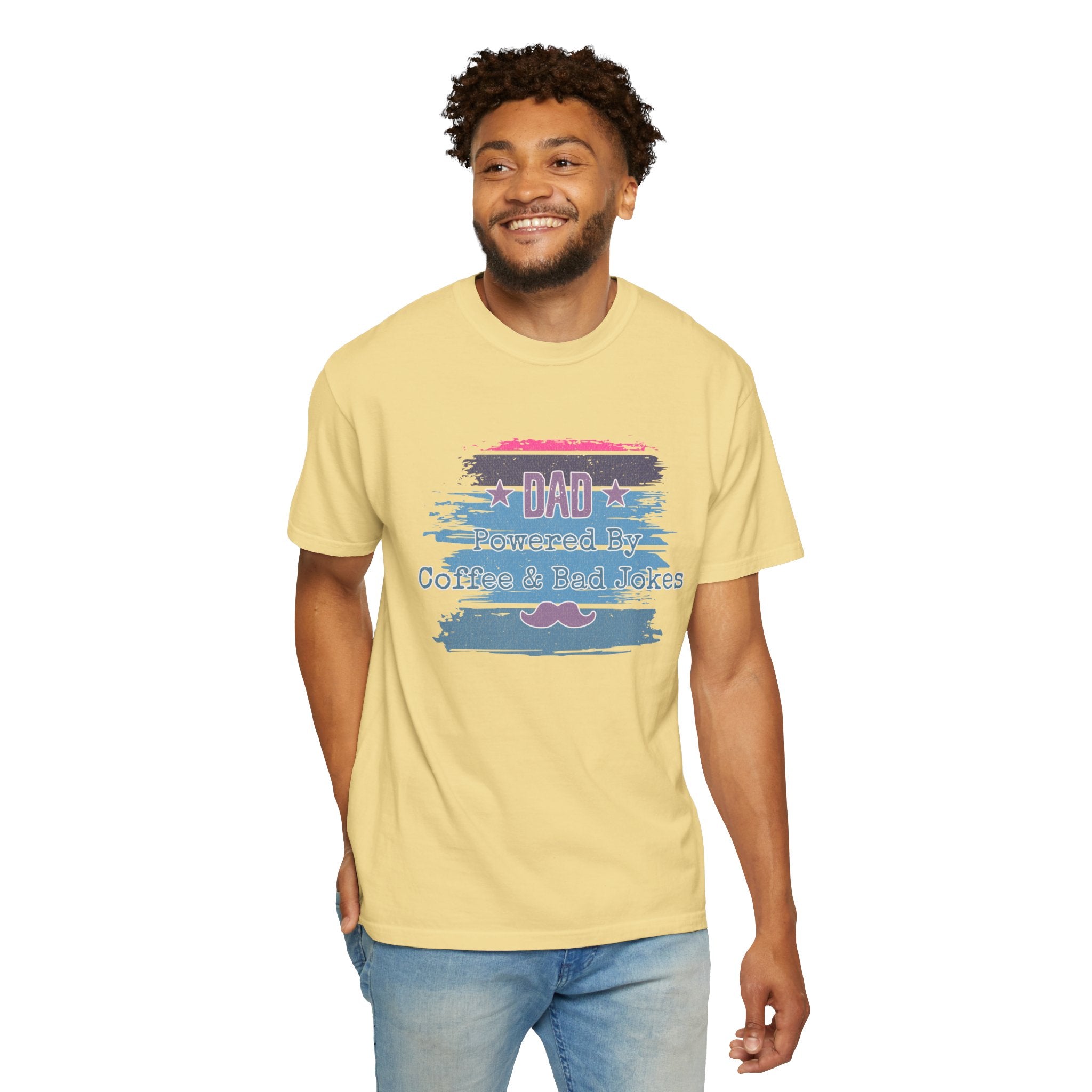 Textured Dad T-Shirt - "Powered By Coffee & Bad Jokes" Vintage Stripe Father's Day Tee