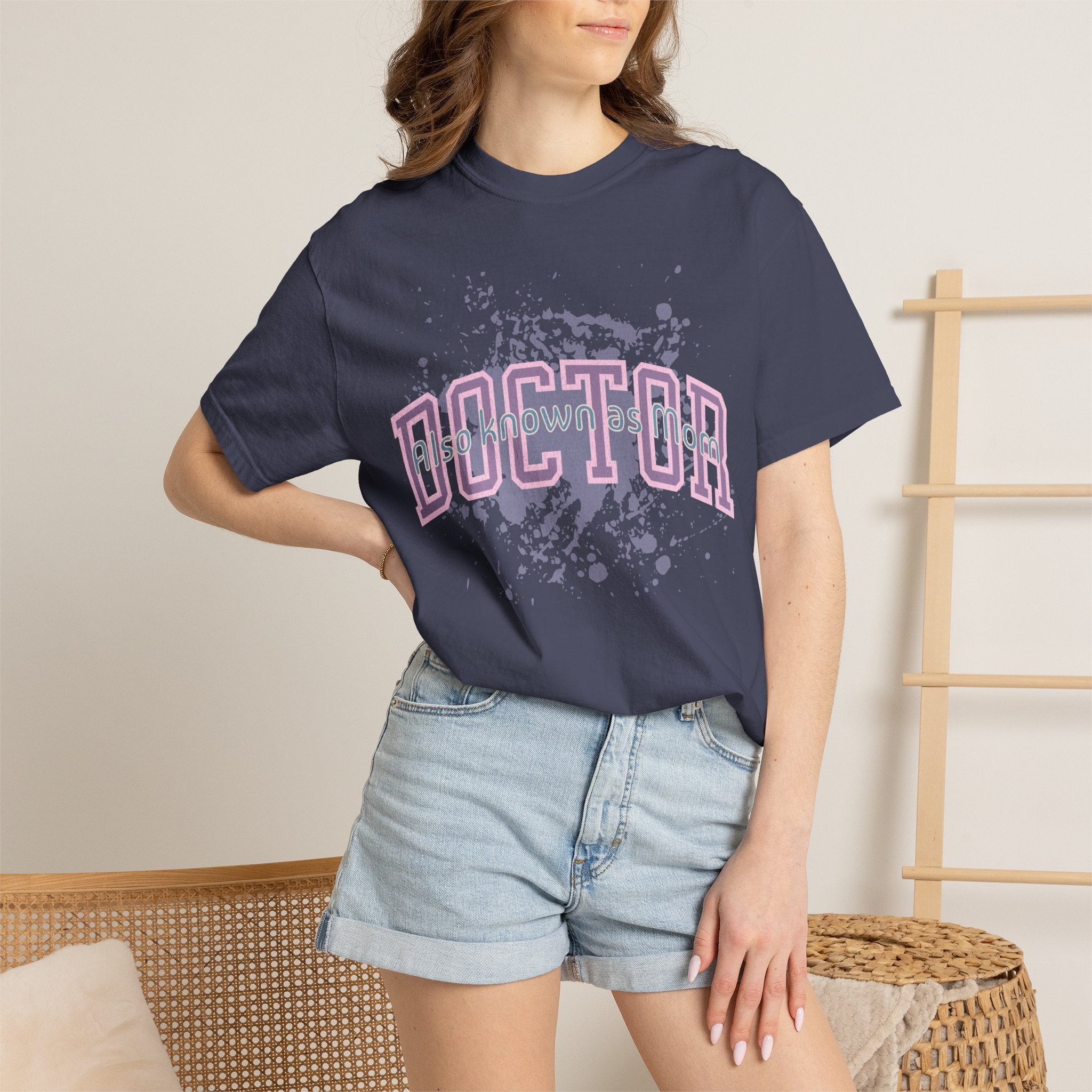 Doctor Also Known As Mom Textured T-Shirt — Retro Pink & Purple Splatter Medical Shirt