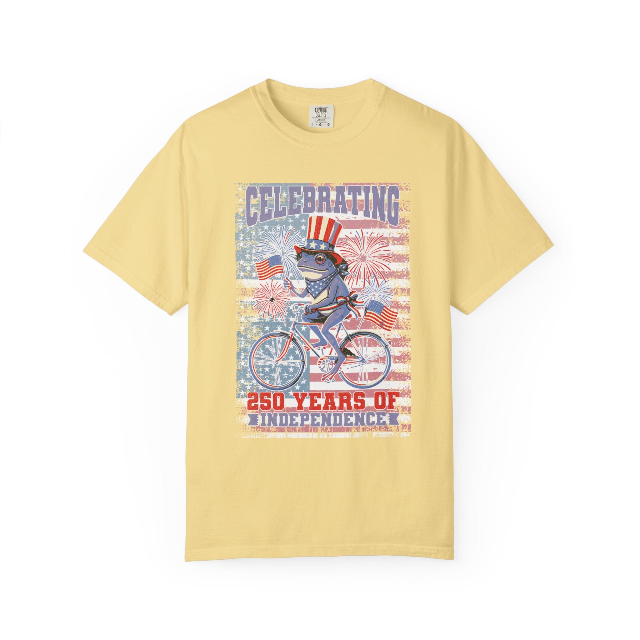 Textured Independence Day Patriotic T-Shirt — "Celebrating 250 Years of Independence" Bicycle Uncle Sam Design