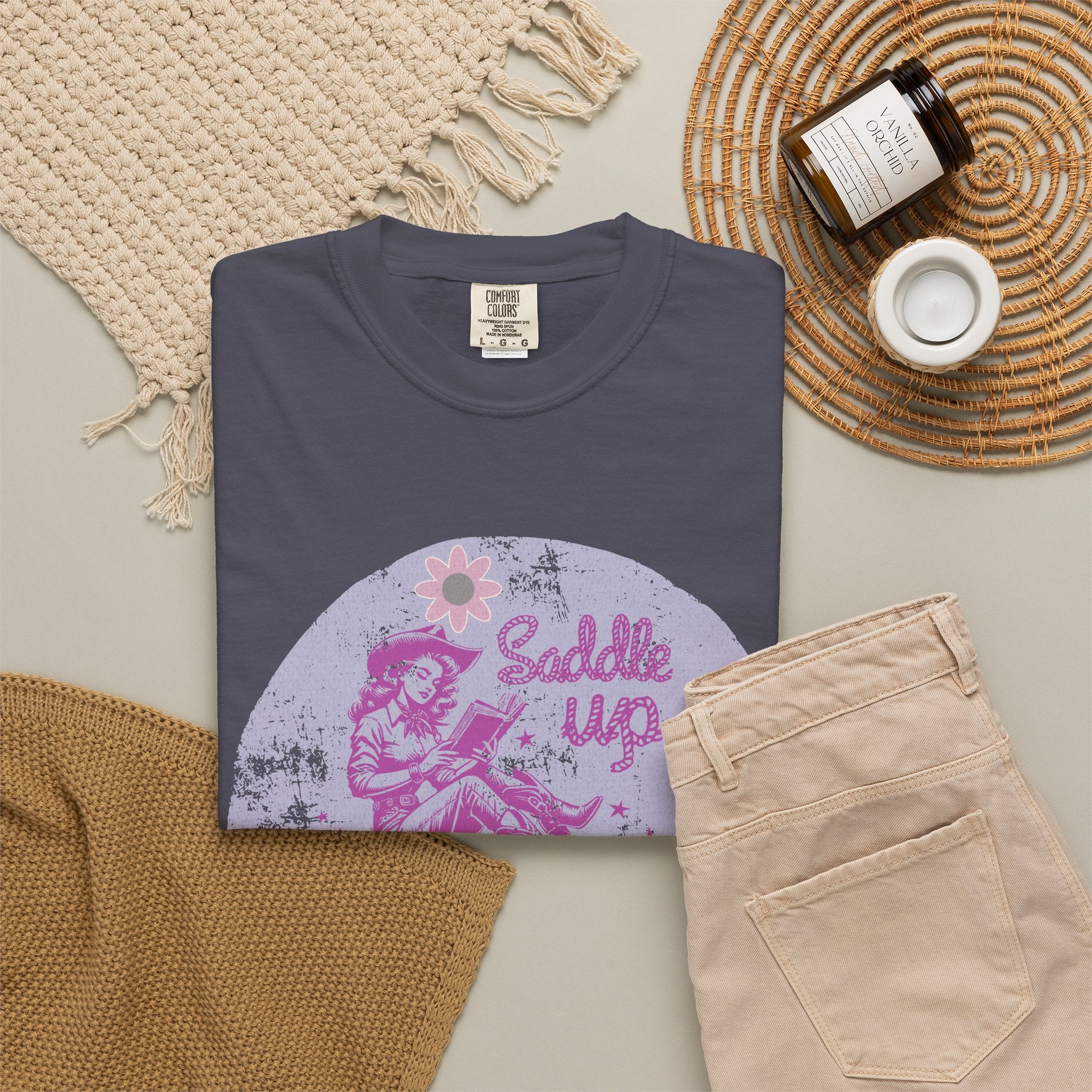 Textured T-Shirt — “Saddle Up Good Book” Retro Western Graphic Tee