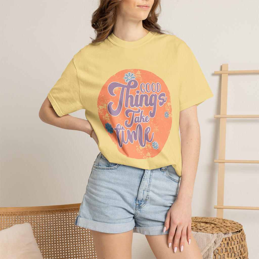 Good Things Take Time T-shirt | Textured Retro Script Circle Design