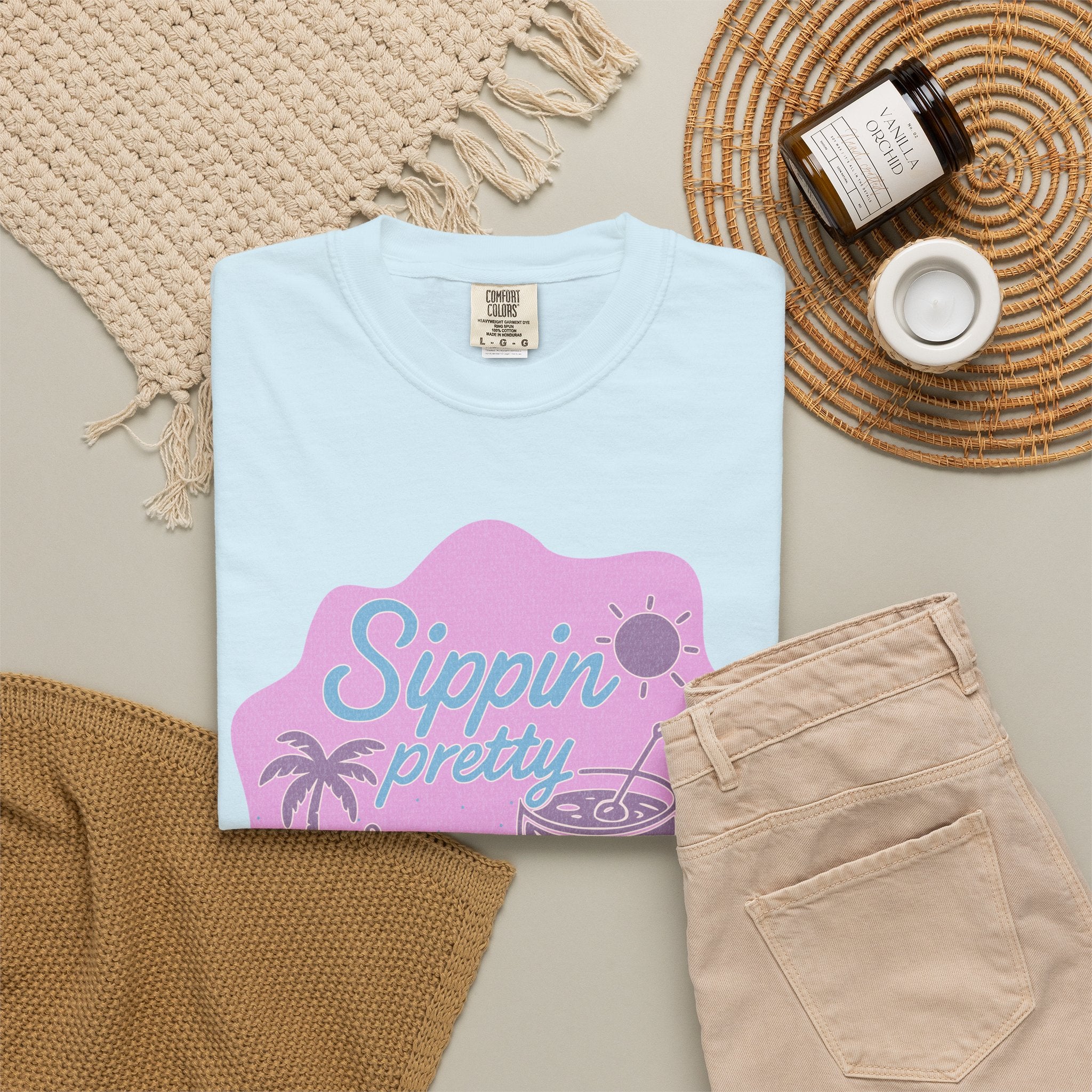 T-Shirt — "Sippin' Pretty" Tropical Cocktail Textured Graphic Tee