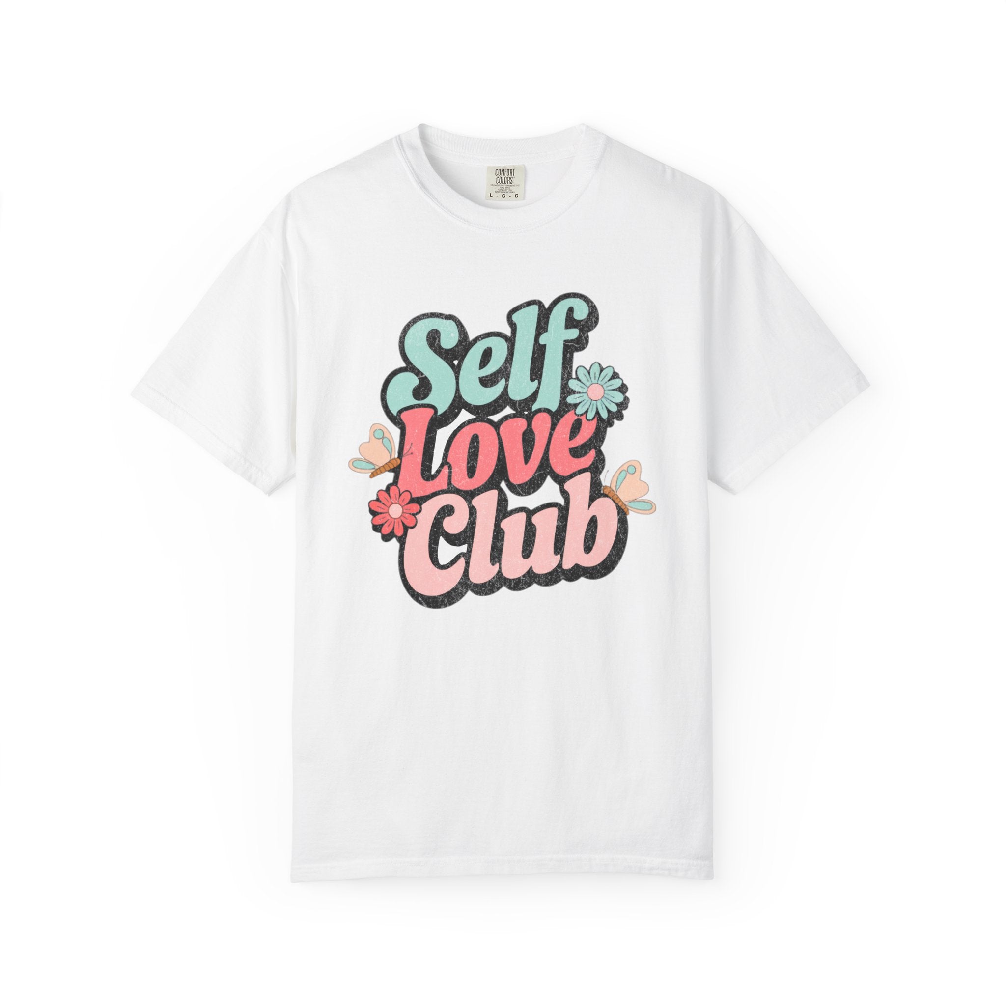 Self Love Club T-shirt | Textured Retro Floral Typography, Pastel 70s Vibe