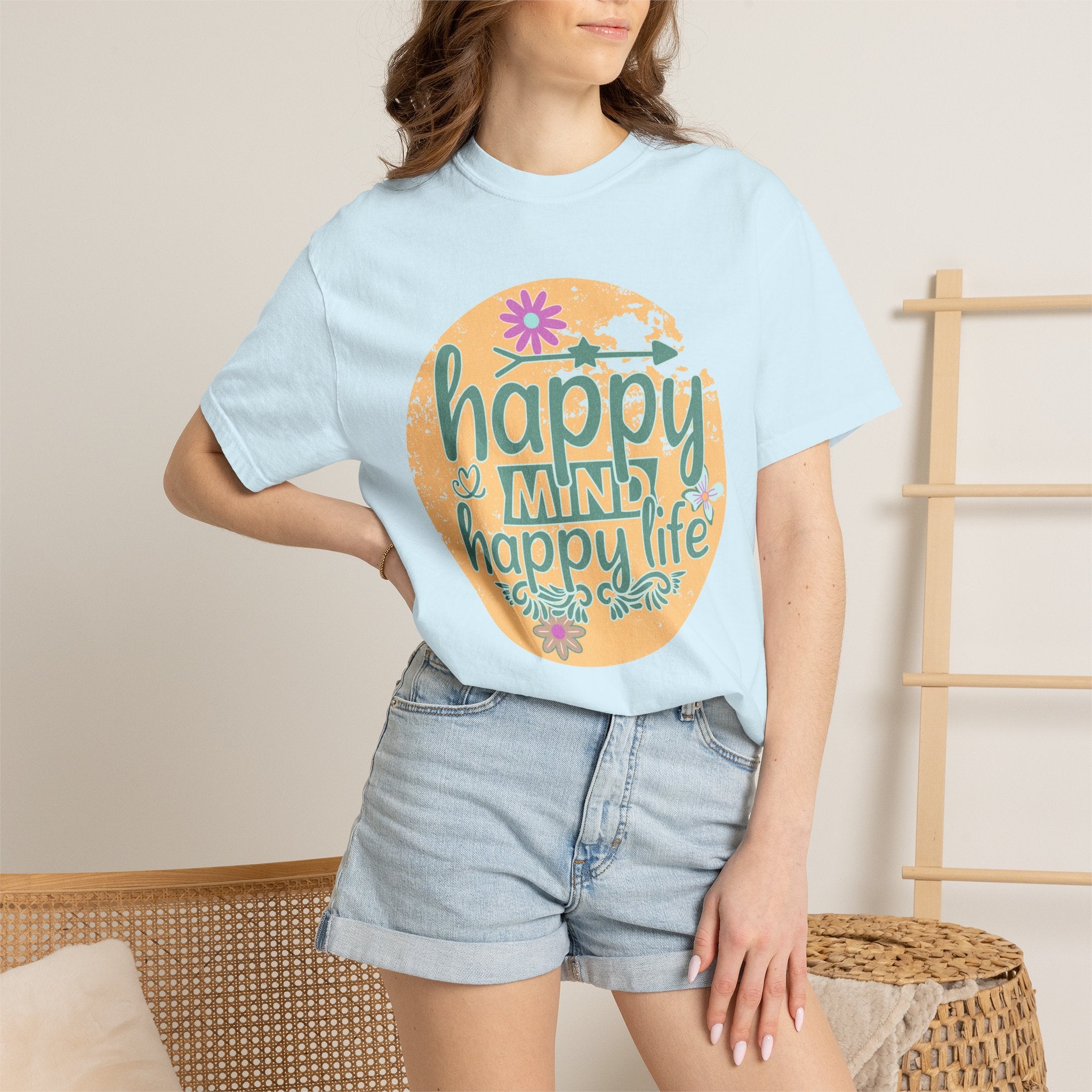Happy Mind Happy Life Textured T-Shirt — Positive Vibes Floral Graphic Tee