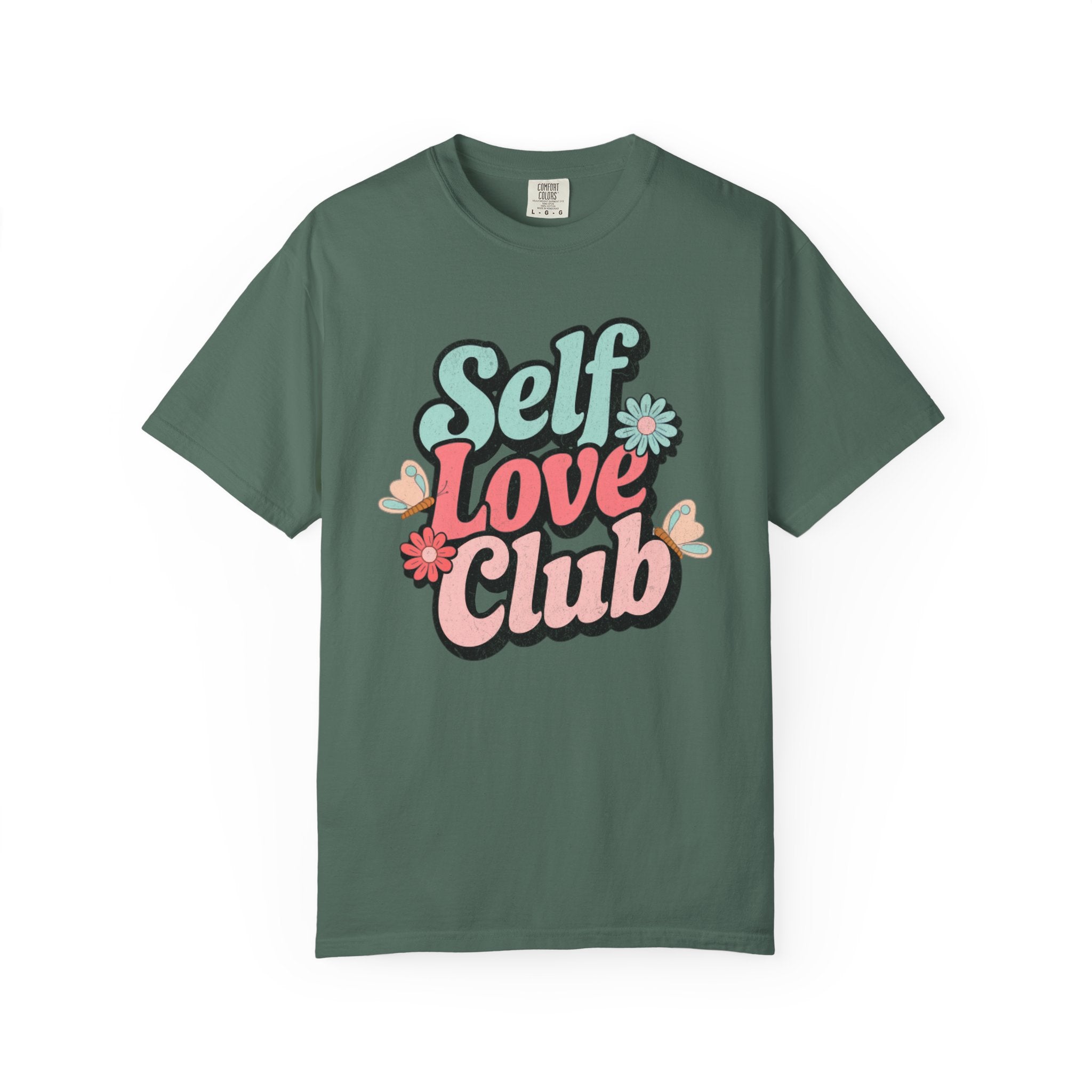 Self Love Club T-shirt | Textured Retro Floral Typography, Pastel 70s Vibe