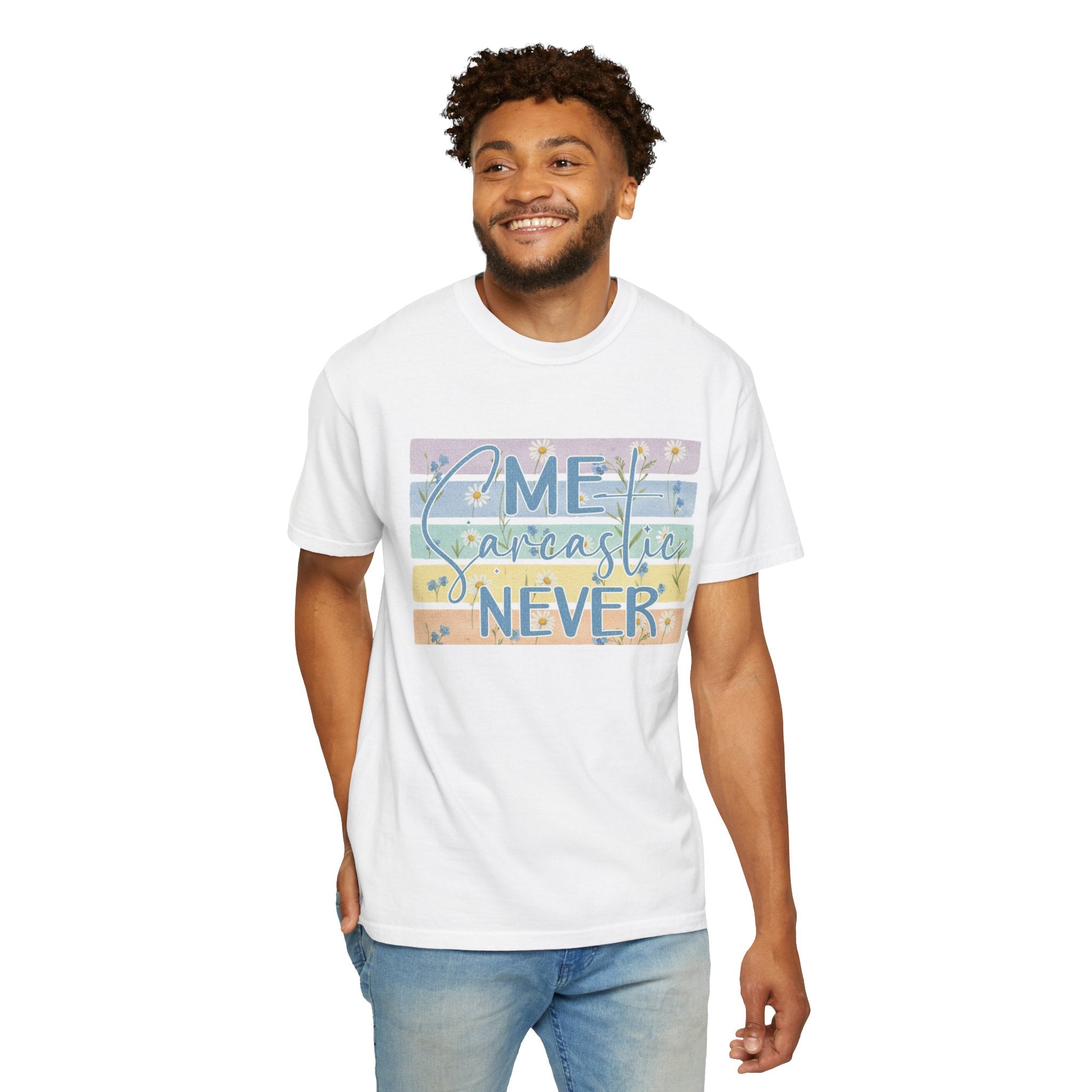 Textured Me Sarcastic Never T‑Shirt — Funny Retro Pastel Striped Tee for Sarcasm Lovers