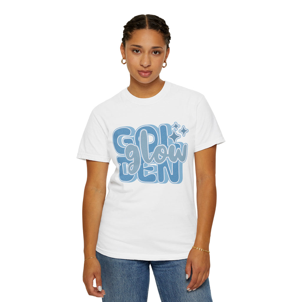 Golden Glow Textured  T‑Shirt — Retro Blue Script Graphic Tee