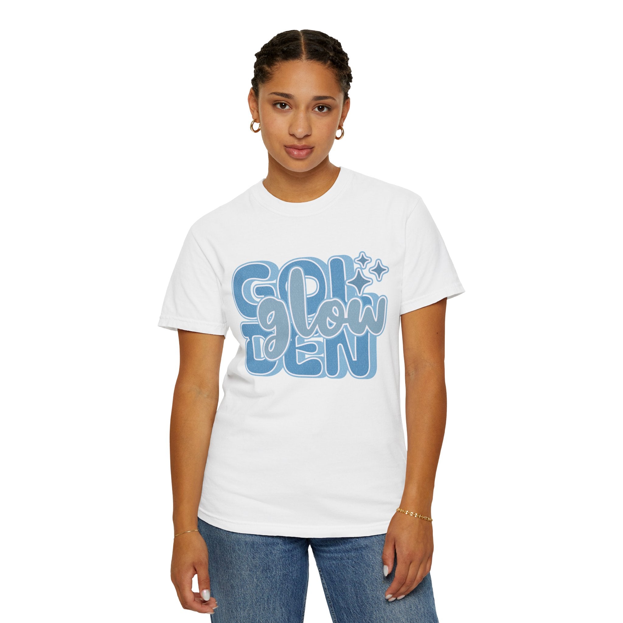Golden Glow Textured  T‑Shirt — Retro Blue Script Graphic Tee