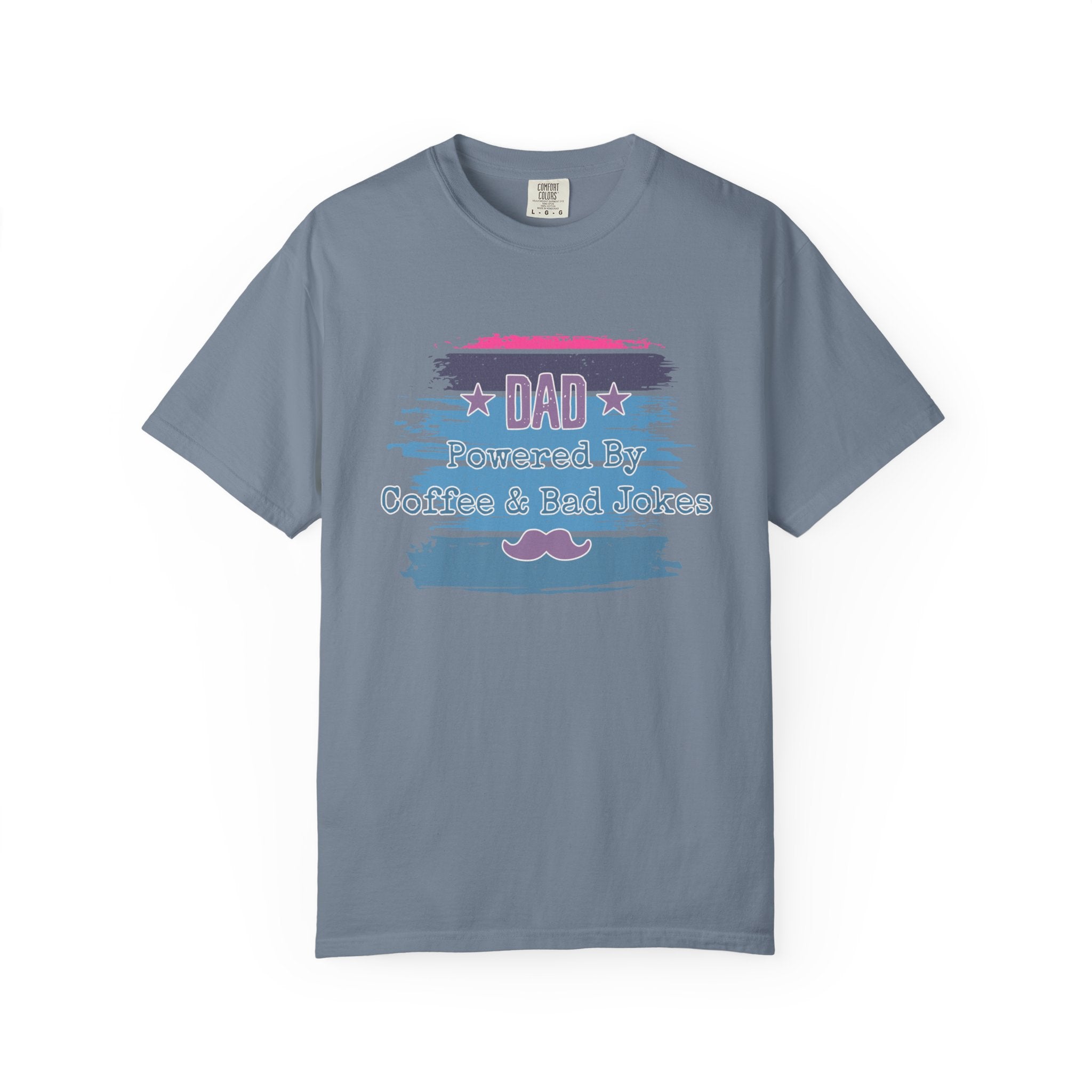 Textured Dad T-Shirt - "Powered By Coffee & Bad Jokes" Vintage Stripe Father's Day Tee
