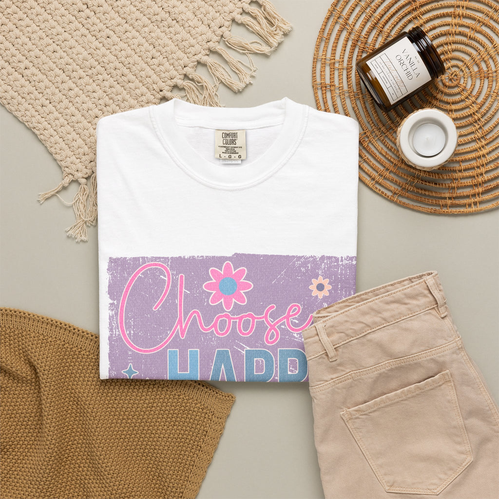 Choose Happy Textured T-Shirt — Retro Floral Positive Message Tee
