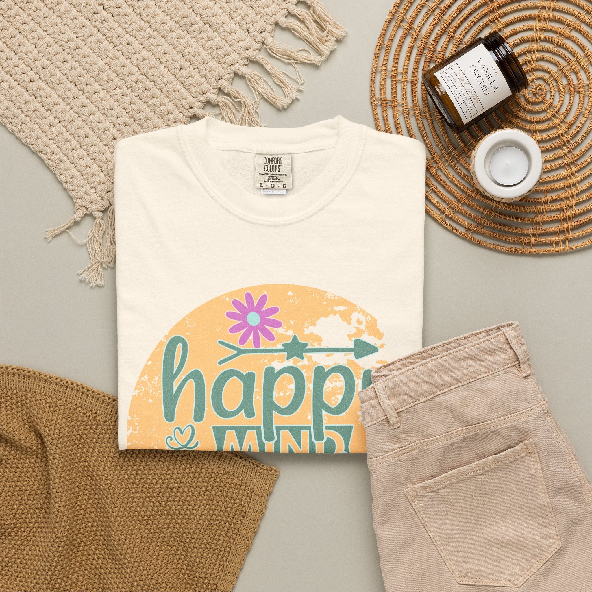 Happy Mind Happy Life Textured T-Shirt — Positive Vibes Floral Graphic Tee