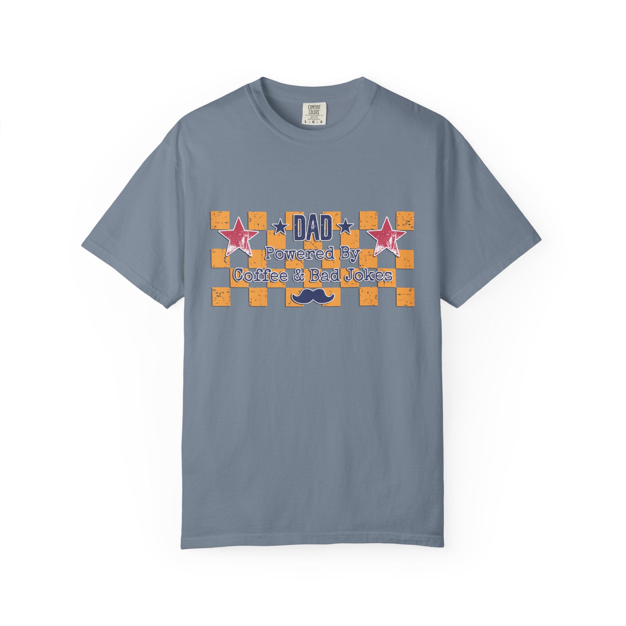 Dad Textured T-Shirt — "Powered by Coffee & Bad Jokes" Retro Checker Fathers Day Tee