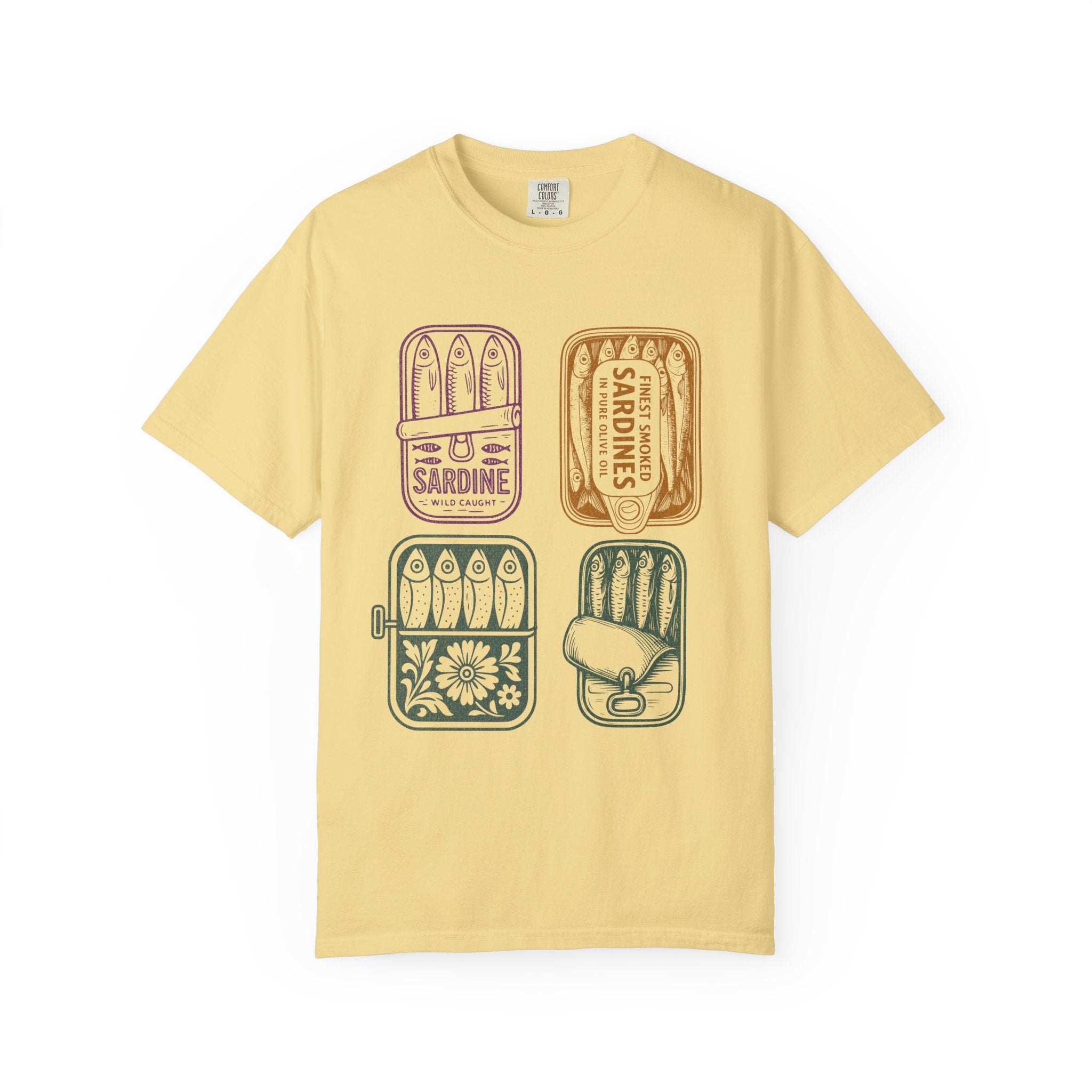 Sardine Tin Graphic Textured T-Shirt — Vintage Seafood Illustration Tee