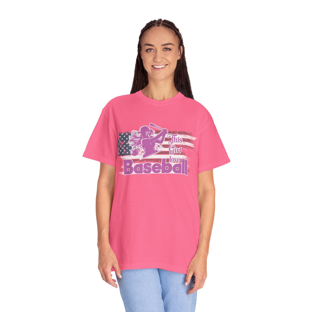 Textured Baseball Tee — "This Girl Loves Baseball" Patriotic Pink Softball T-Shirt