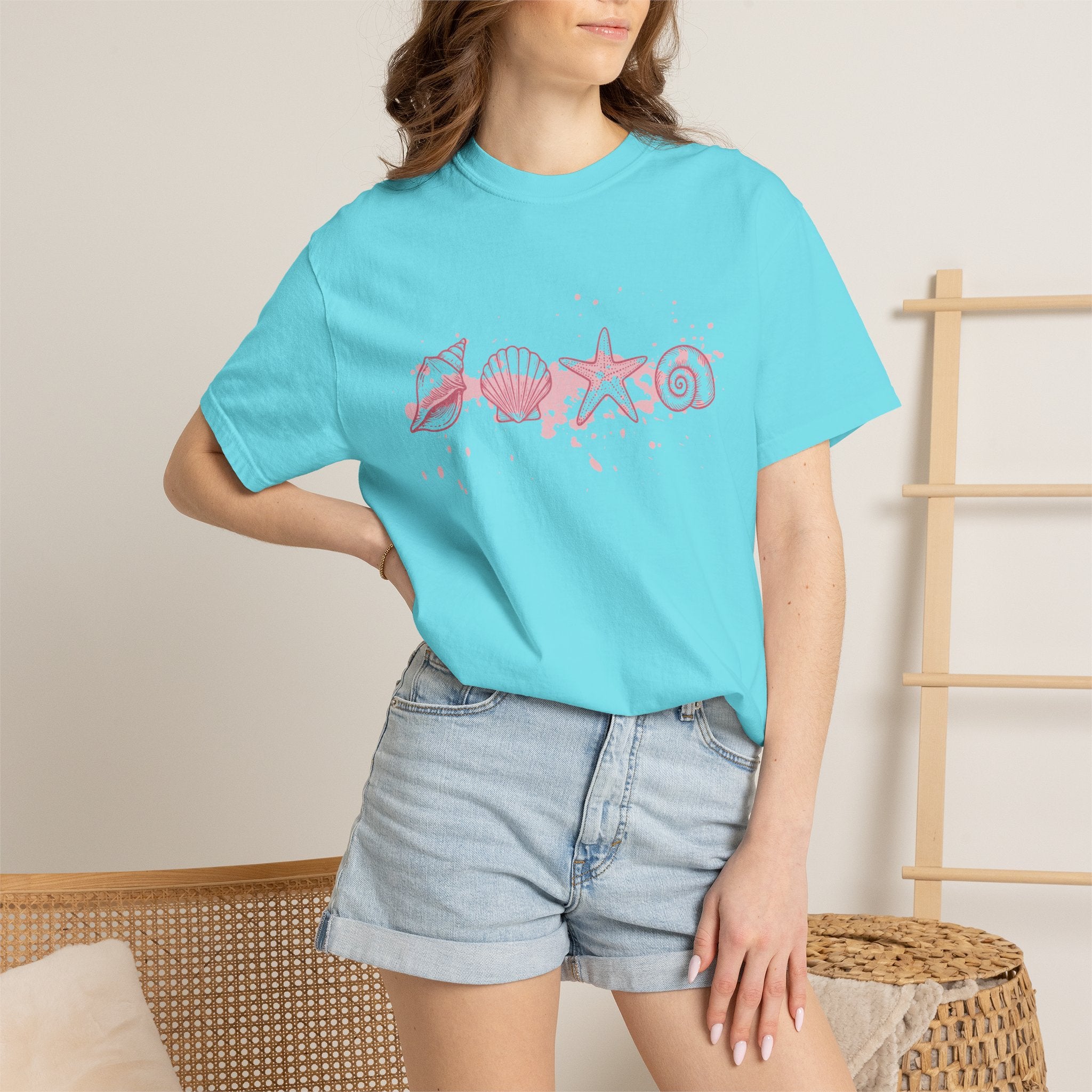 Textured Seashell Line Art T-Shirt — Pink Coastal Shells Graphic Tee