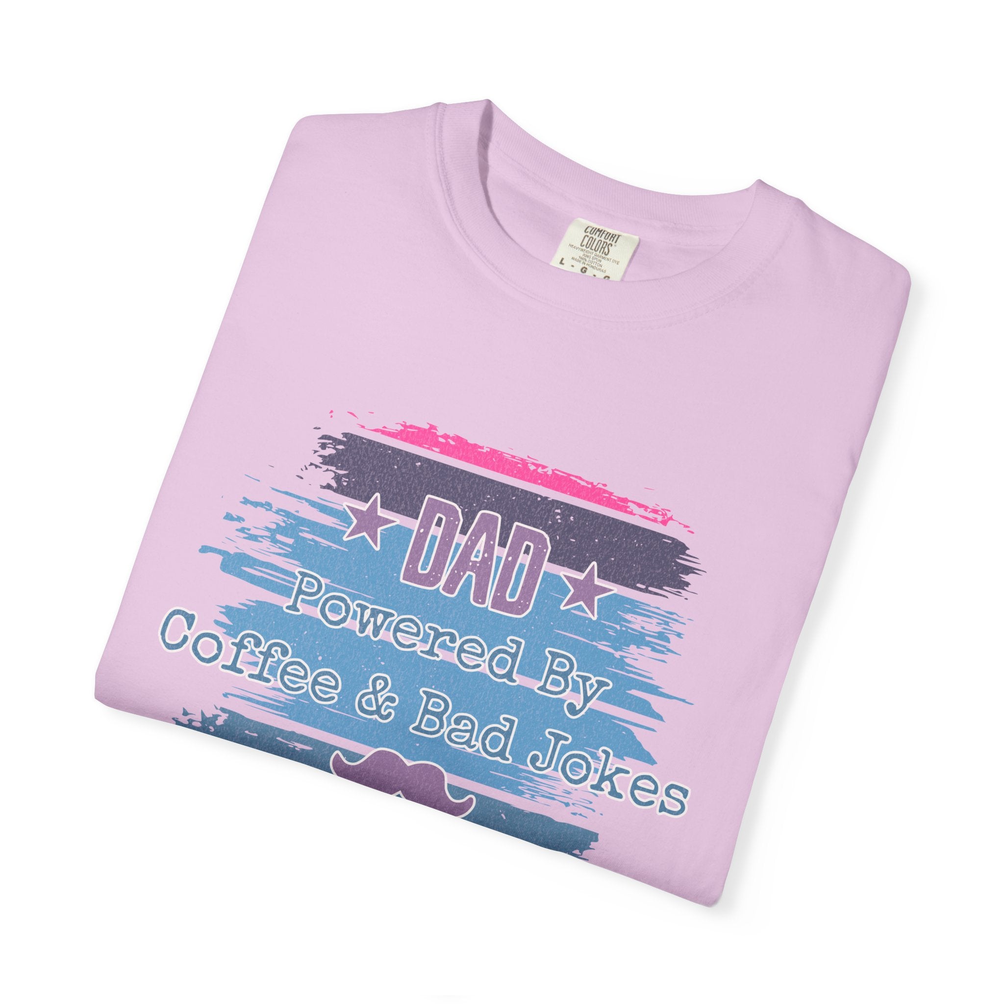 Textured Dad T-Shirt - "Powered By Coffee & Bad Jokes" Vintage Stripe Father's Day Tee