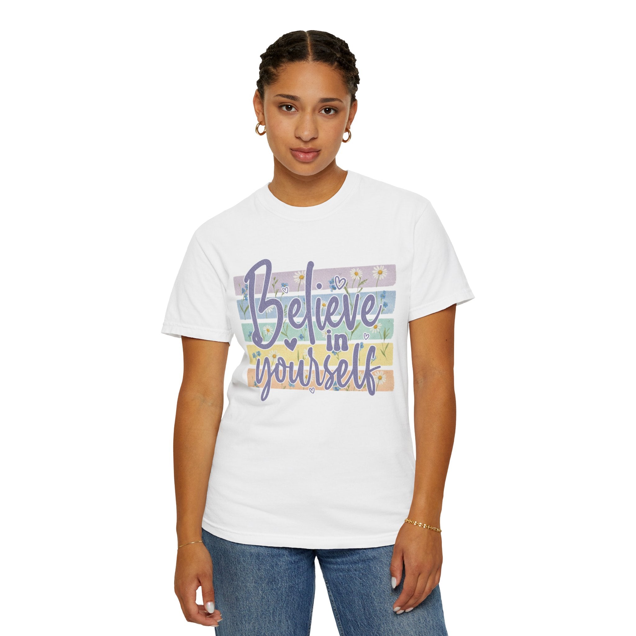 Textured Believe in Yourself T‑Shirt — Pastel Stripes Inspirational Tee