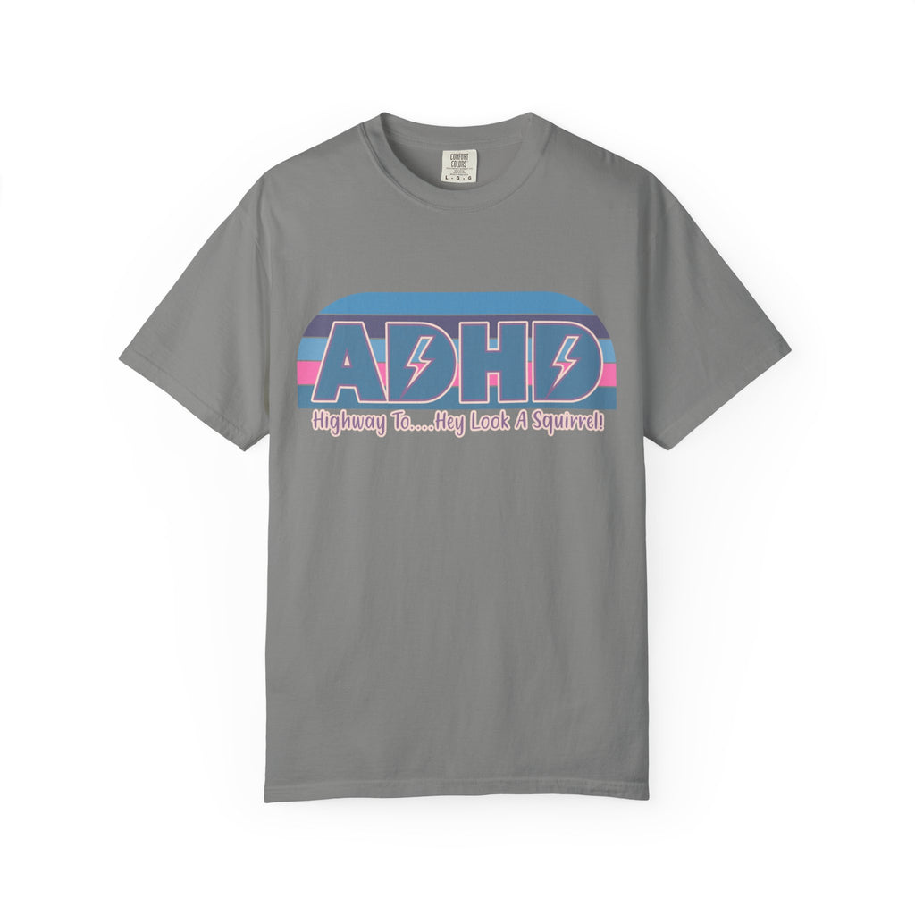 ADHD Retro Stripe T-Shirt — “Highway To… Hey Look A Squirrel!” Funny Neurodivergent Tee