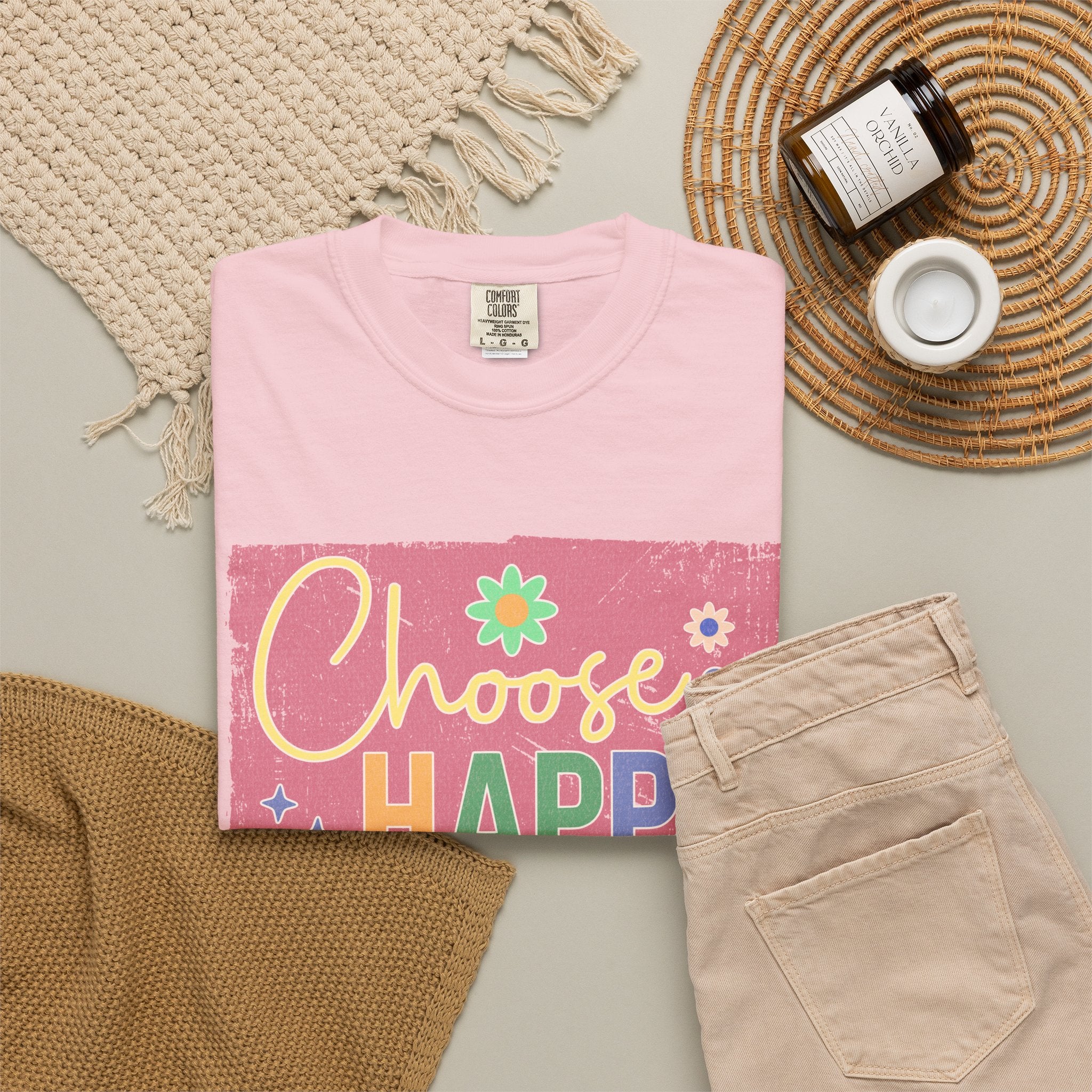 Choose Happy Textured T-Shirt – Retro Floral Positive Vibes Tee