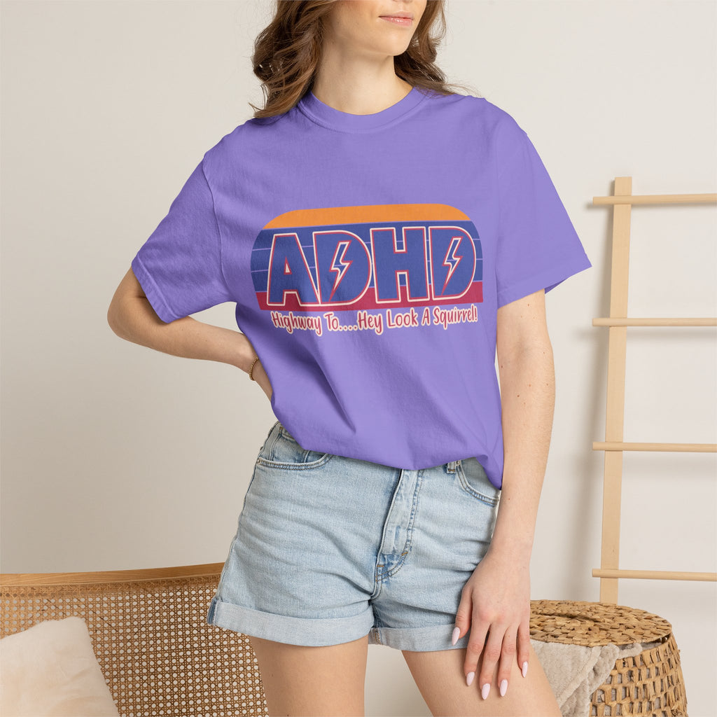 ADHD Retro Stripe T-Shirt — "Highway To... Hey Look A Squirrel" Graphic Tee