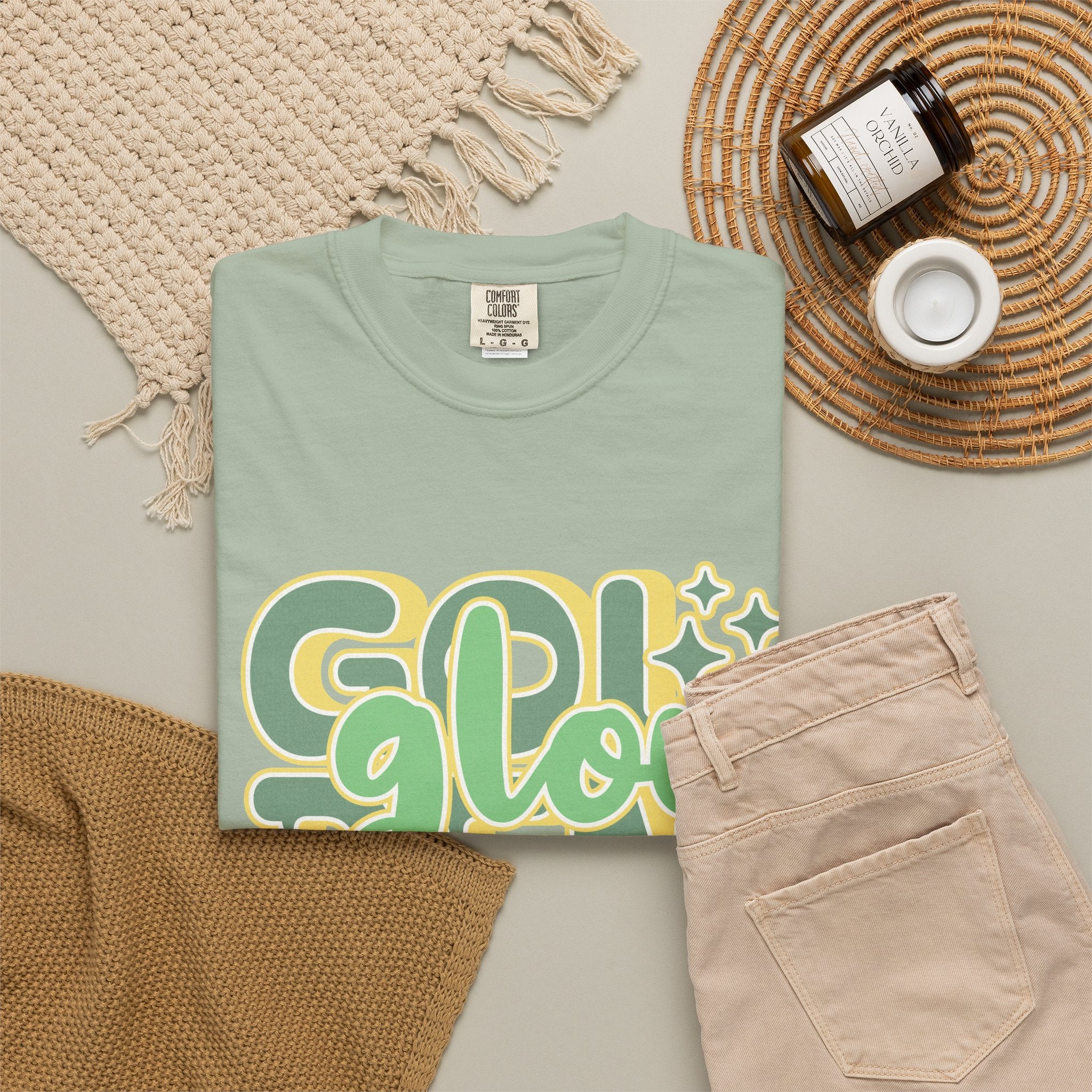 Golden Glow Textured T-Shirt — Retro 'Glow' Graphic Tee