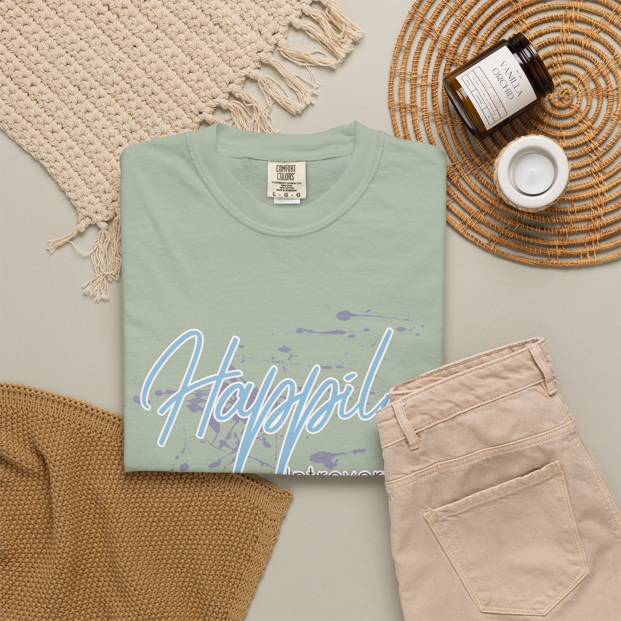 Introverted Aesthetic Textured Tee — "Happily" Script Graphic T-Shirt