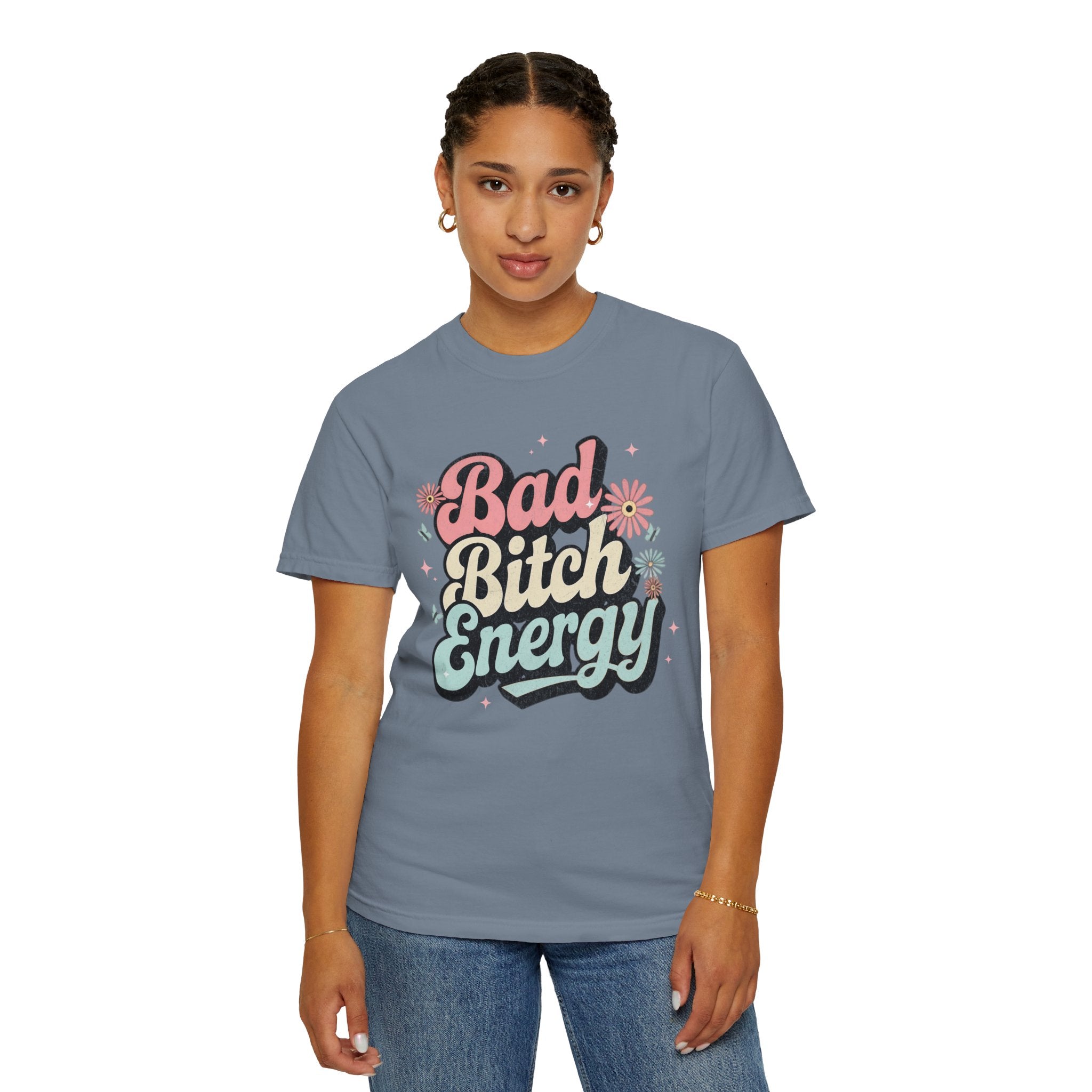 Textured Bad Bitch Energy T-shirt |Textured Retro Script Floral Graphic