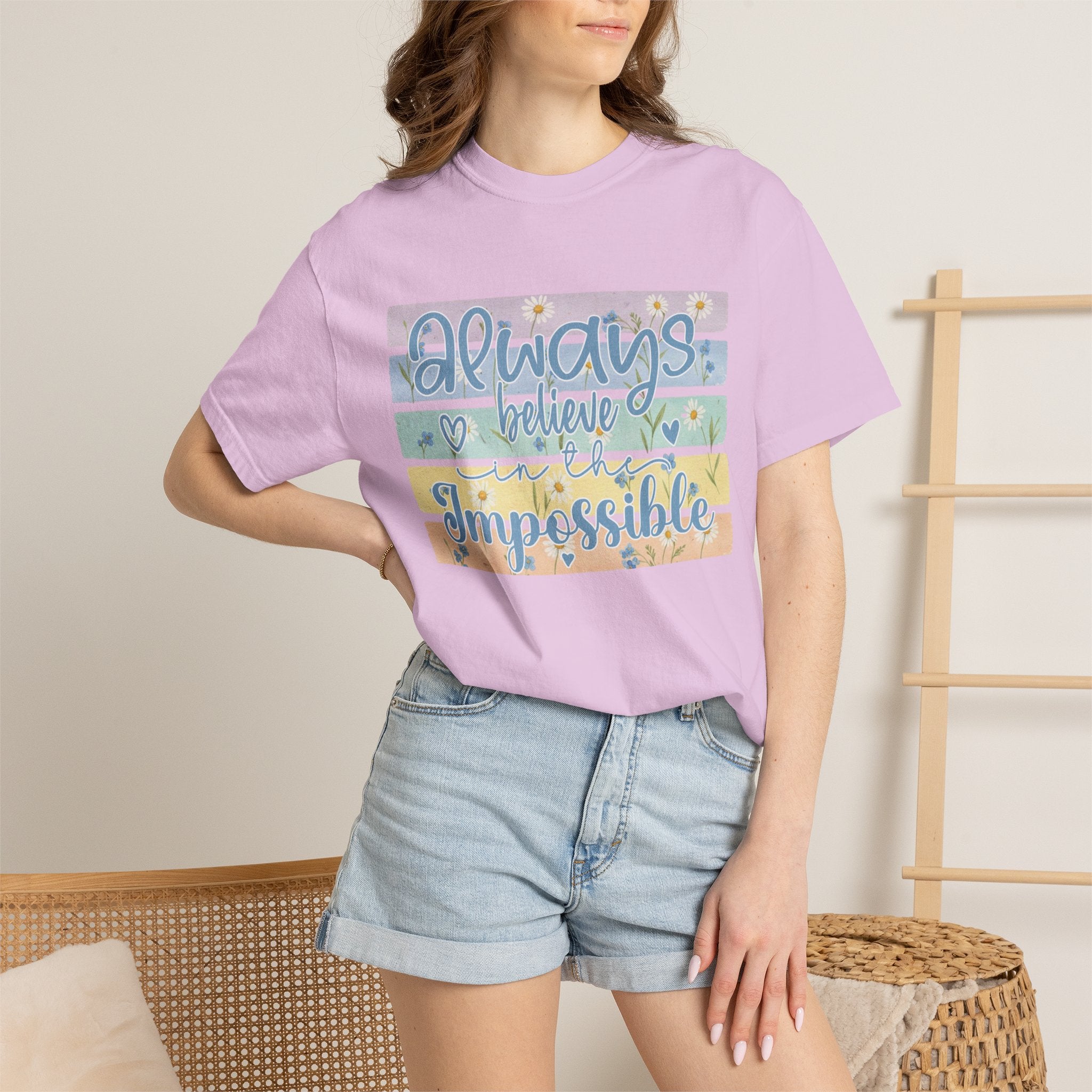 Textured T-Shirt — "Always Believe the Impossible" Pastel Inspirational Graphic Tee