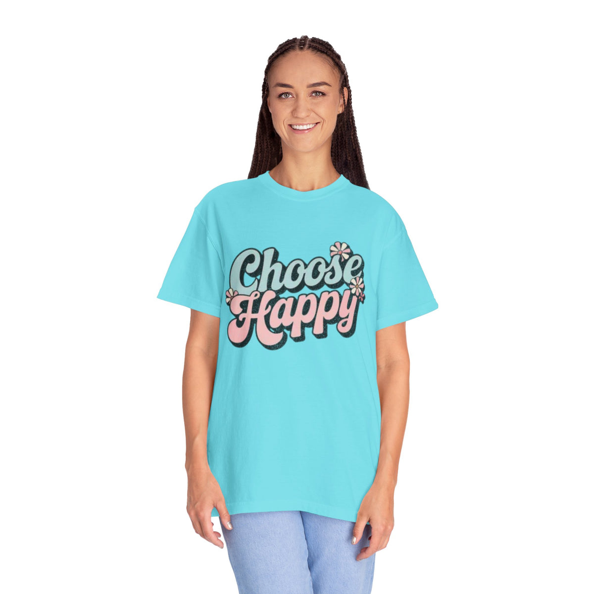 Choose Happy retro script shirt | Textured Positive message tee, pastel floral design