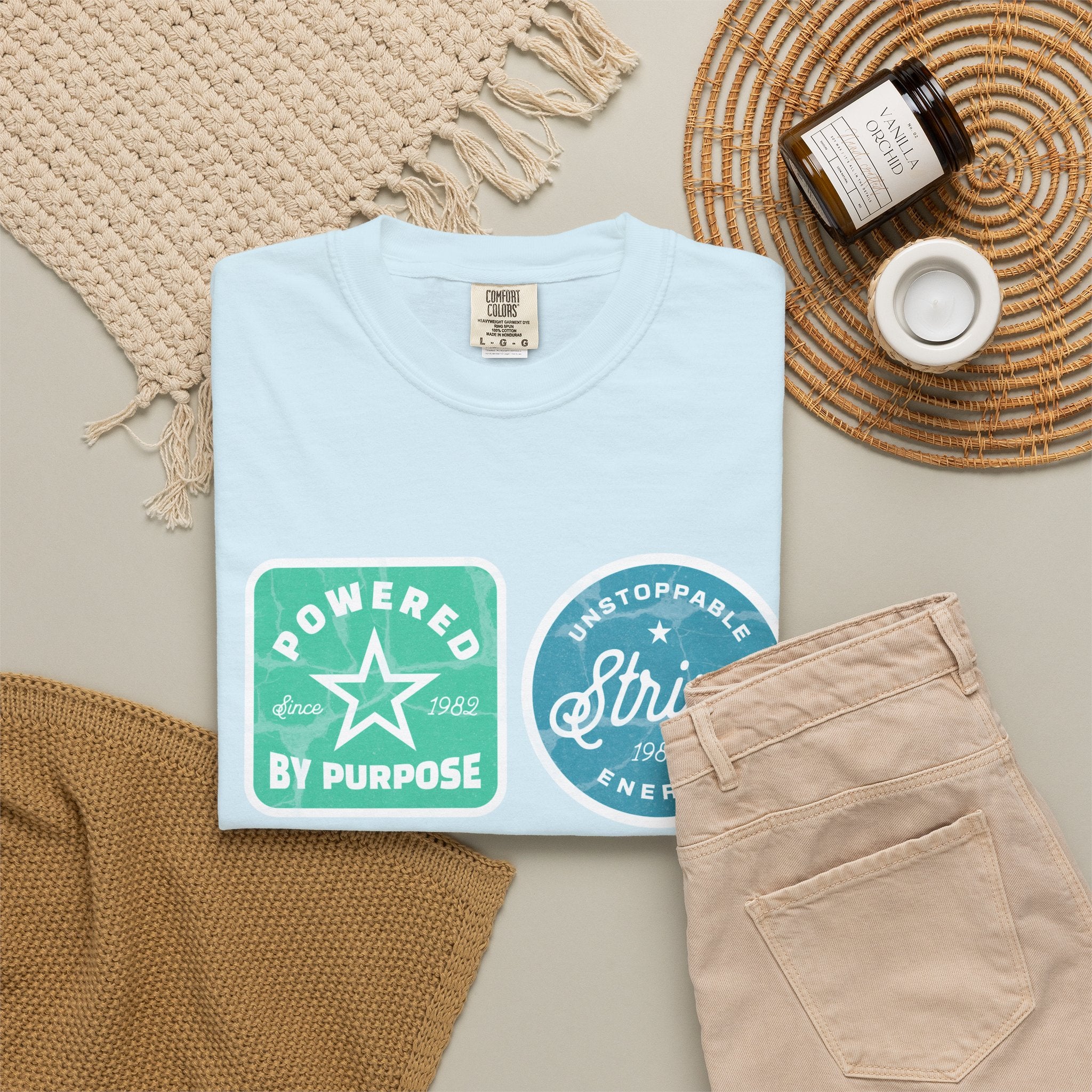 Motivational Badge Graphic Textured T-Shirt — "Powered by Purpose, Strive, Journey, Freedom"