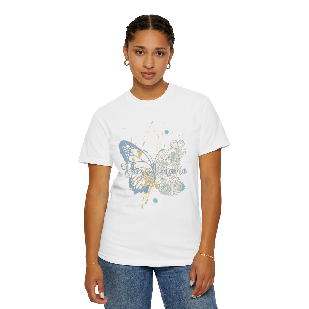 Retro Butterfly Blessed Mama Tee —Textured Serene Aqua Nature Graphic