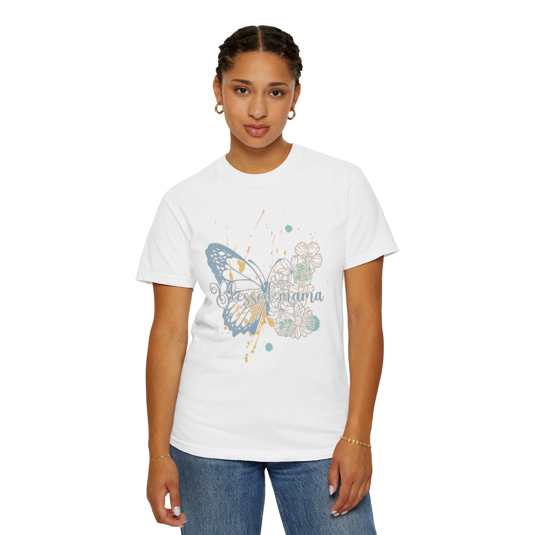 Retro Butterfly Blessed Mama Tee —Textured Serene Aqua Nature Graphic